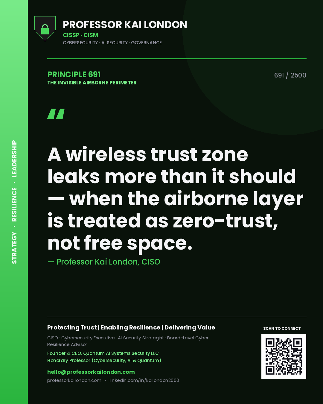 Professor Kai London principle 691: A wireless trust zone leaks more than it should — when the airborne layer is treated as zero-trust, not free space.
