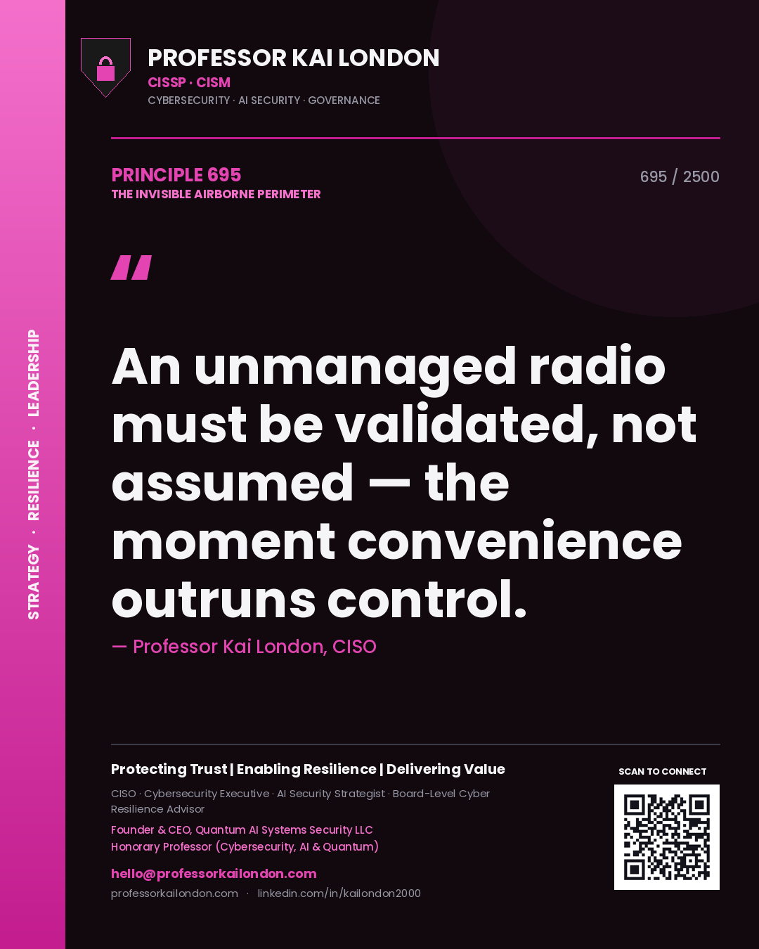 Quote card by Professor Kai London reading 'An unmanaged radio must be validated, not assumed — the moment convenience outruns control.'. From the book The Invisible Airborne Perimeter.
