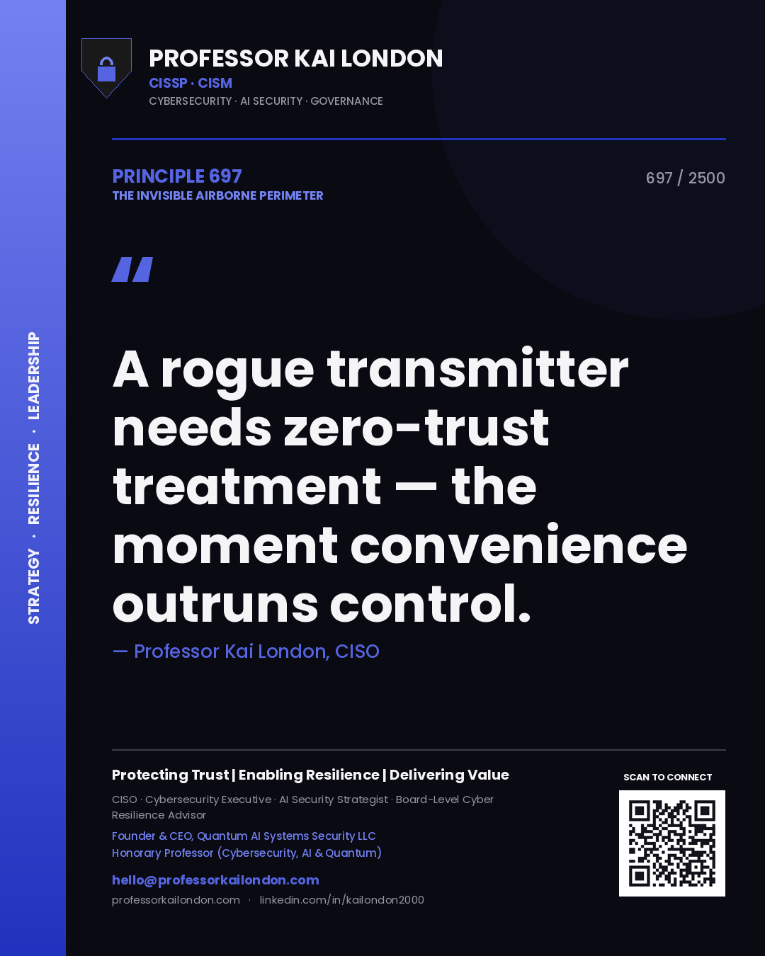 Quote card by Professor Kai London reading 'A rogue transmitter needs zero-trust treatment — the moment convenience outruns control.'. From the book The Invisible Airborne Perimeter.