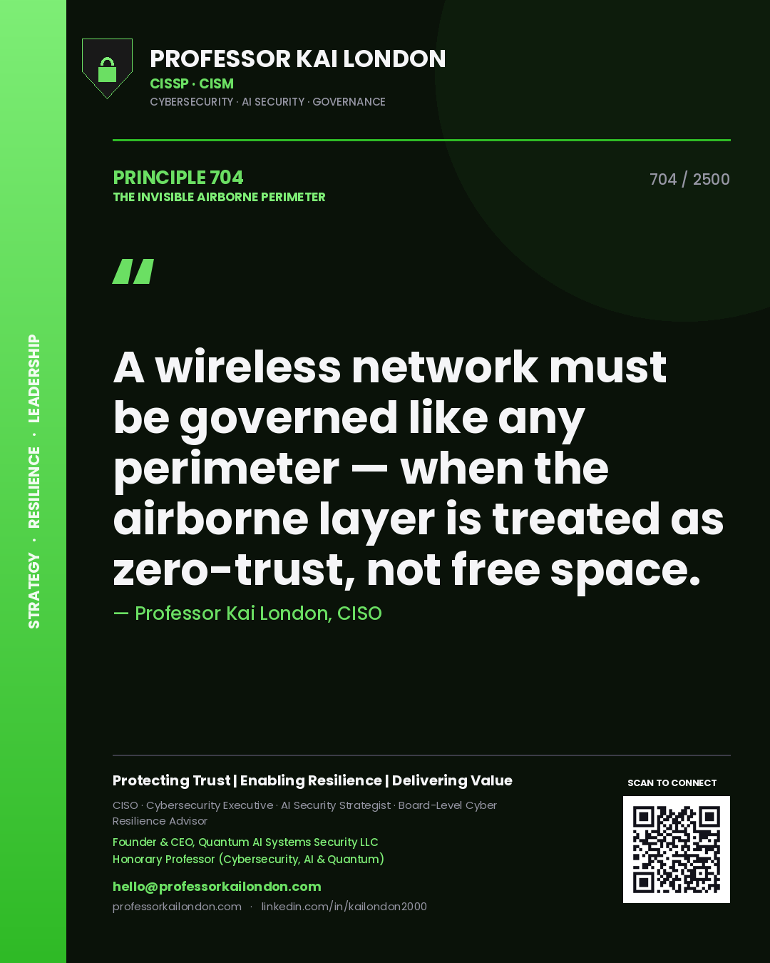Professor Kai London principle 704: A wireless network must be governed like any perimeter — when the airborne layer is treated as zero-trust, not free space.