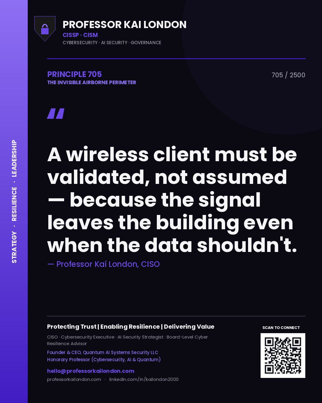 Professor Kai London principle 705: A wireless client must be validated, not assumed — because the signal leaves the building even when the data shouldn't.