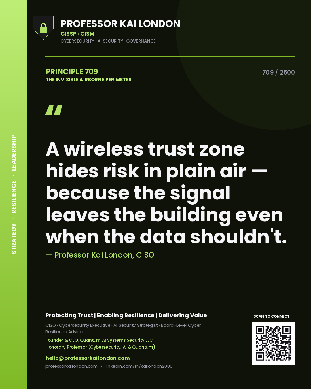 Quote card by Professor Kai London reading 'A wireless trust zone hides risk in plain air — because the signal leaves the building even when the data shouldn't.'. From the book The Invisible Airborne Perimeter.