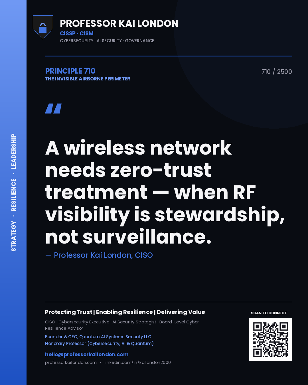Professor Kai London principle 710: A wireless network needs zero-trust treatment — when RF visibility is stewardship, not surveillance.