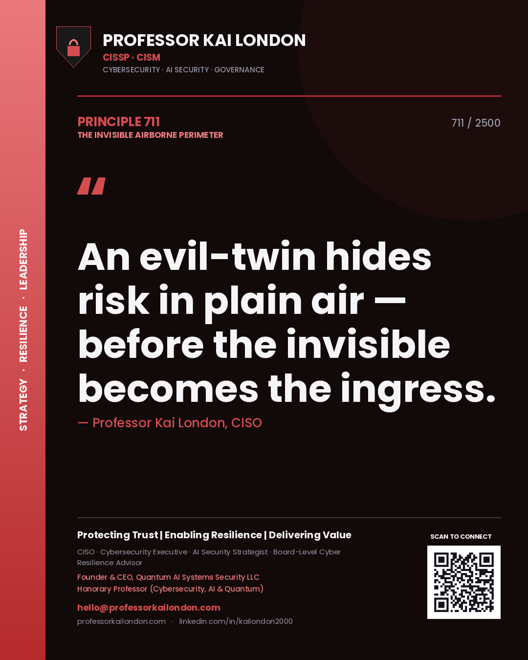 Professor Kai London principle 711: An evil-twin hides risk in plain air — before the invisible becomes the ingress.