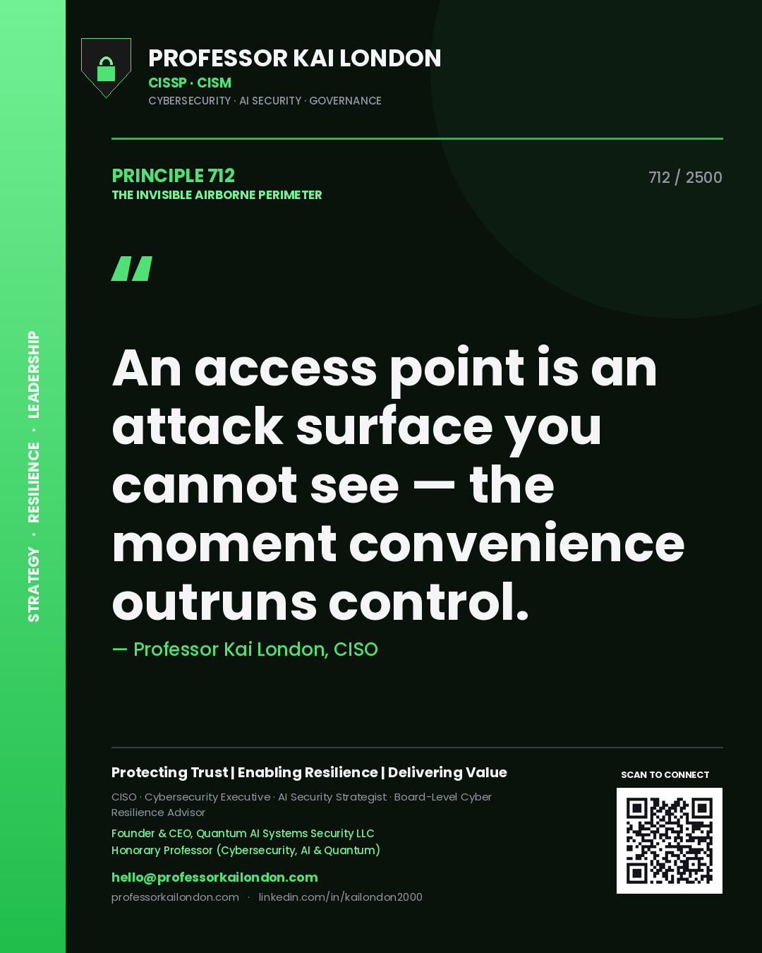 Quote card by Professor Kai London reading 'An access point is an attack surface you cannot see — the moment convenience outruns control.'. From the book The Invisible Airborne Perimeter.
