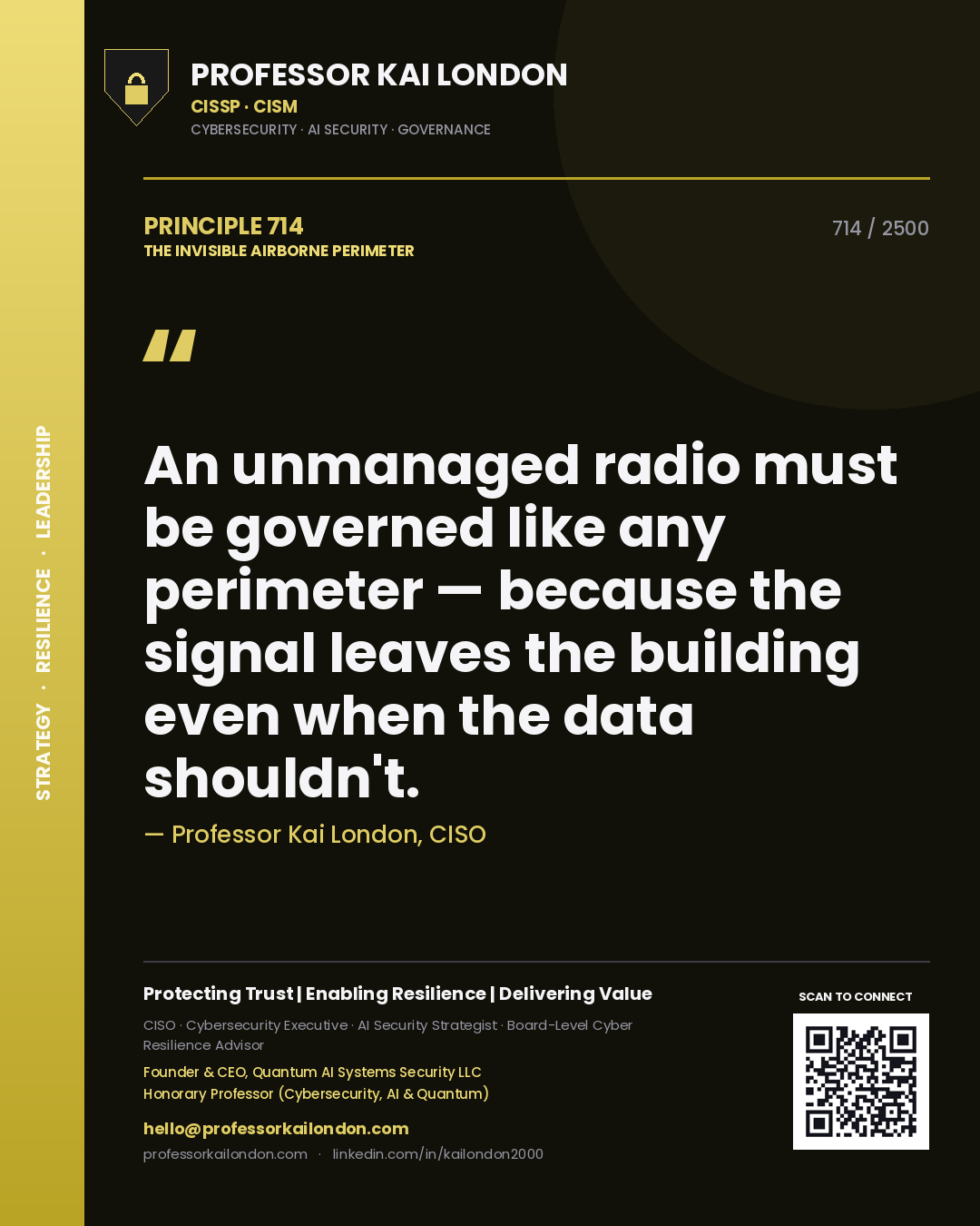 Professor Kai London principle 714: An unmanaged radio must be governed like any perimeter — because the signal leaves the building even when the data shouldn't.