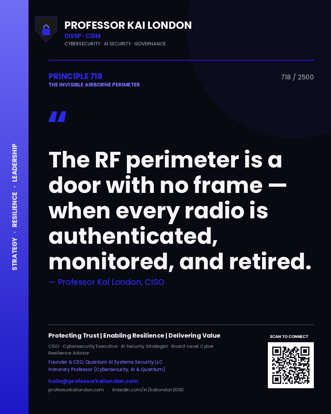 Quote card by Professor Kai London reading 'The RF perimeter is a door with no frame — when every radio is authenticated, monitored, and retired.'. From the book The Invisible Airborne Perimeter.