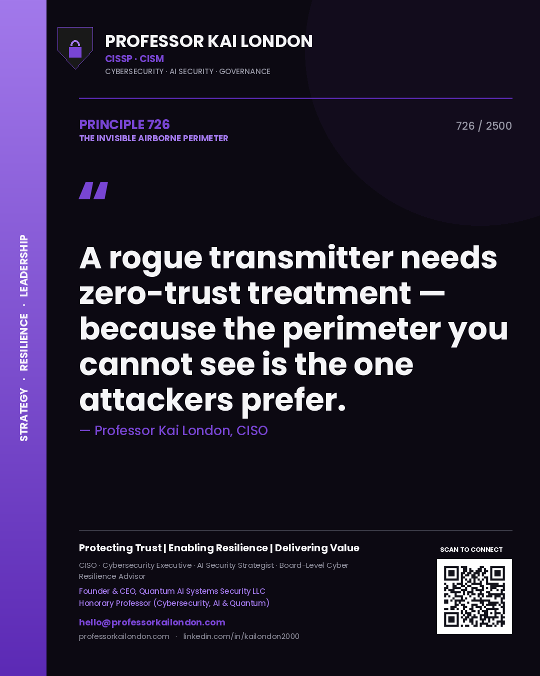 Professor Kai London principle 726: A rogue transmitter needs zero-trust treatment — because the perimeter you cannot see is the one attackers prefer.