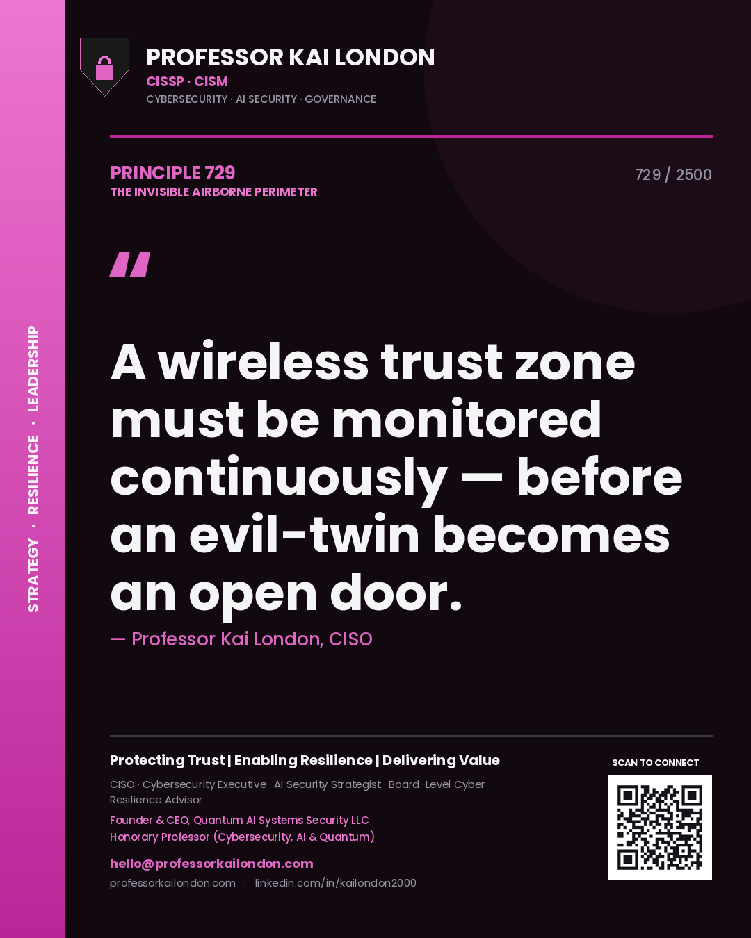 Professor Kai London principle 729: A wireless trust zone must be monitored continuously — before an evil-twin becomes an open door.
