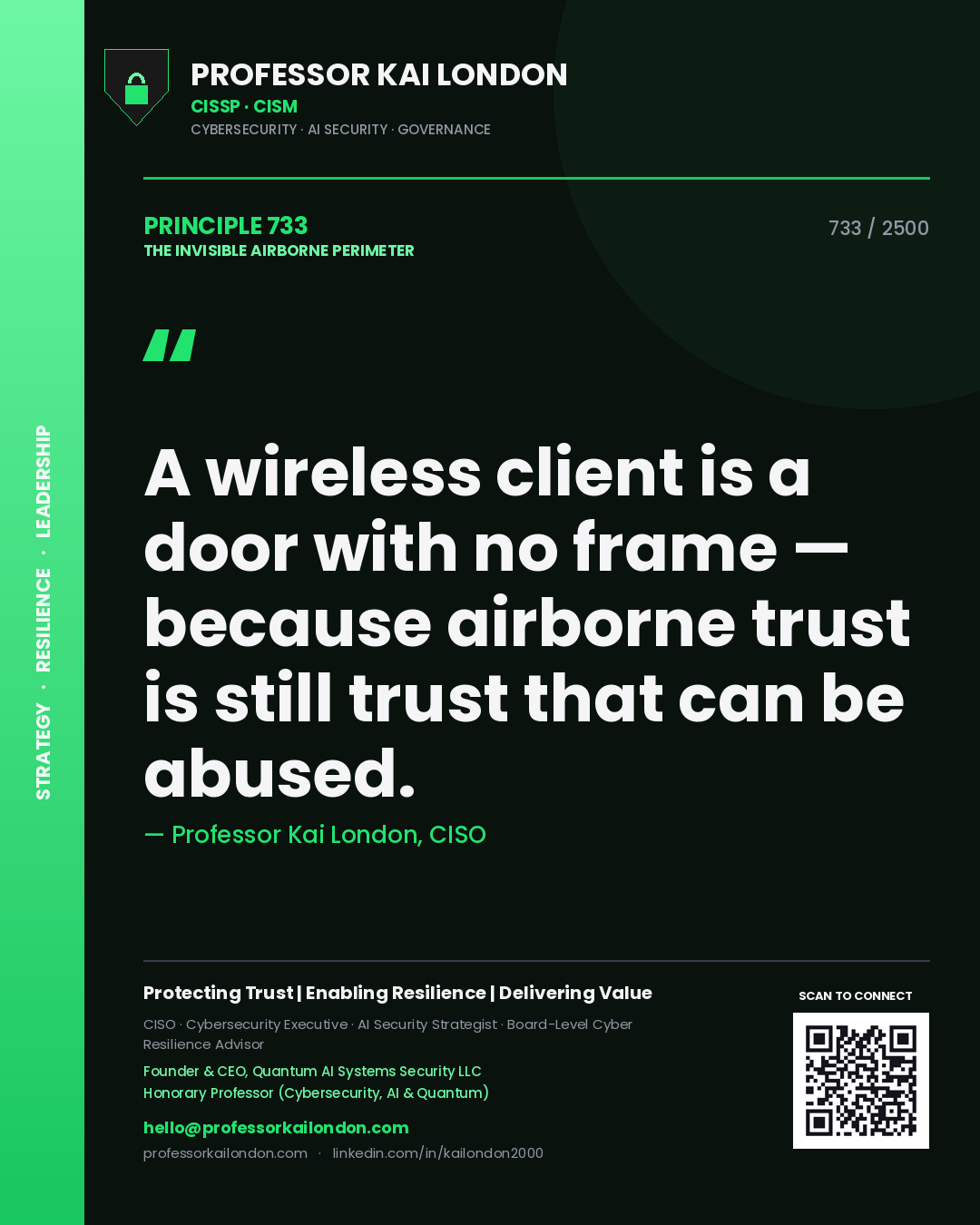 Quote card by Professor Kai London reading 'A wireless client is a door with no frame — because airborne trust is still trust that can be abused.'. From the book The Invisible Airborne Perimeter.