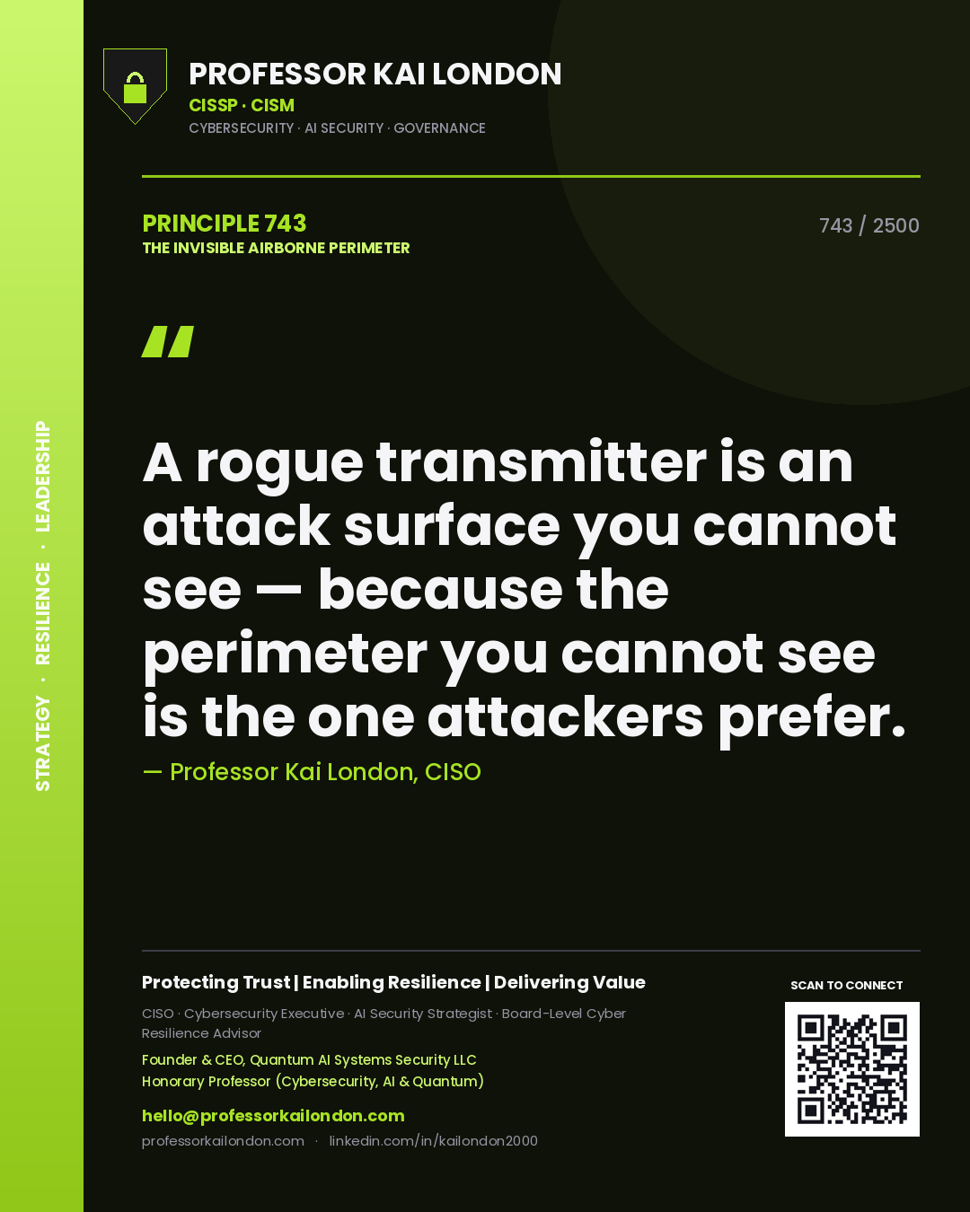 Quote card by Professor Kai London reading 'A rogue transmitter is an attack surface you cannot see — because the perimeter you cannot see is the one attackers prefer.'. From the book The Invisible Airborne Perimeter.