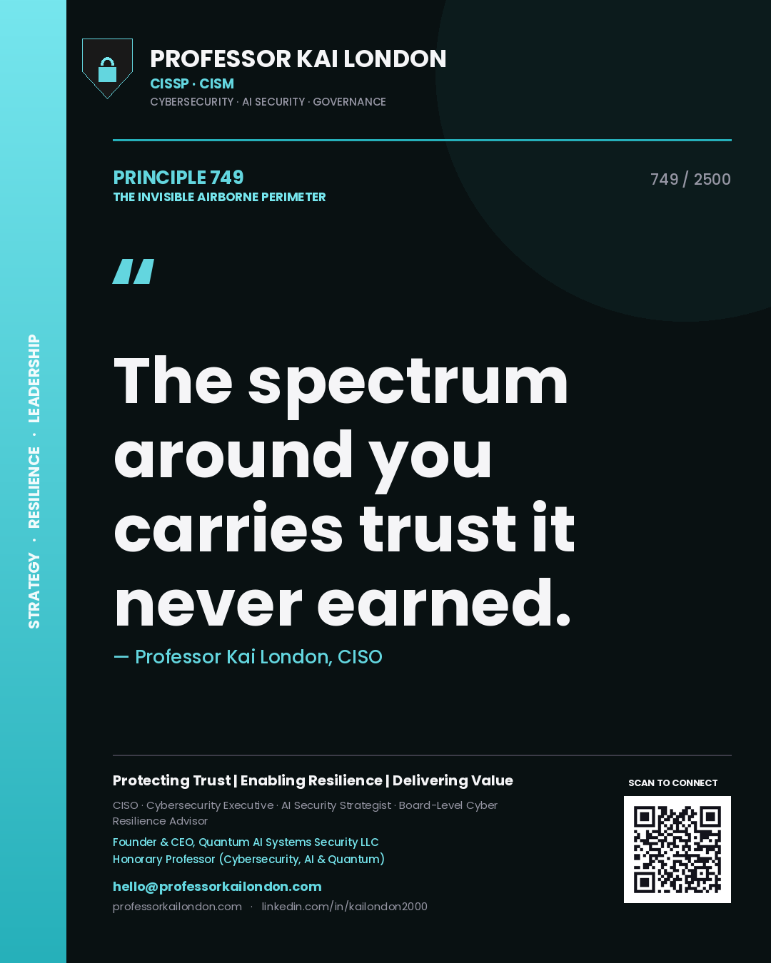 Quote card by Professor Kai London reading 'The spectrum around you carries trust it never earned.'. From the book The Invisible Airborne Perimeter.