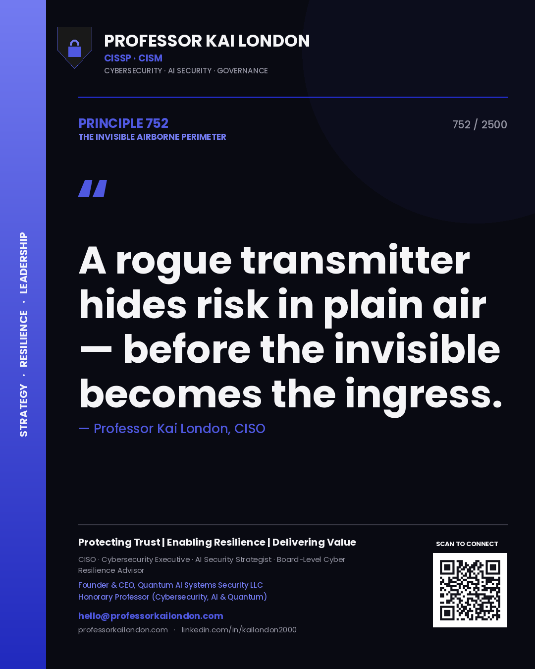 Quote card by Professor Kai London reading 'A rogue transmitter hides risk in plain air — before the invisible becomes the ingress.'. From the book The Invisible Airborne Perimeter.
