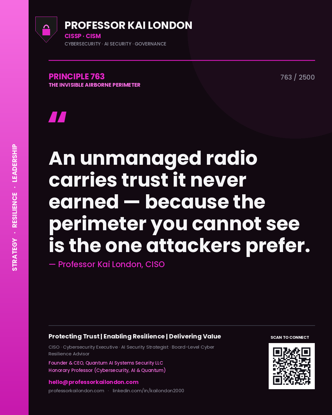 Quote card by Professor Kai London reading 'An unmanaged radio carries trust it never earned — because the perimeter you cannot see is the one attackers prefer.'. From the book The Invisible Airborne Perimeter.