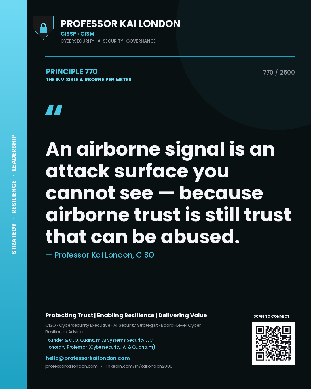 Quote card by Professor Kai London reading 'An airborne signal is an attack surface you cannot see — because airborne trust is still trust that can be abused.'. From the book The Invisible Airborne Perimeter.