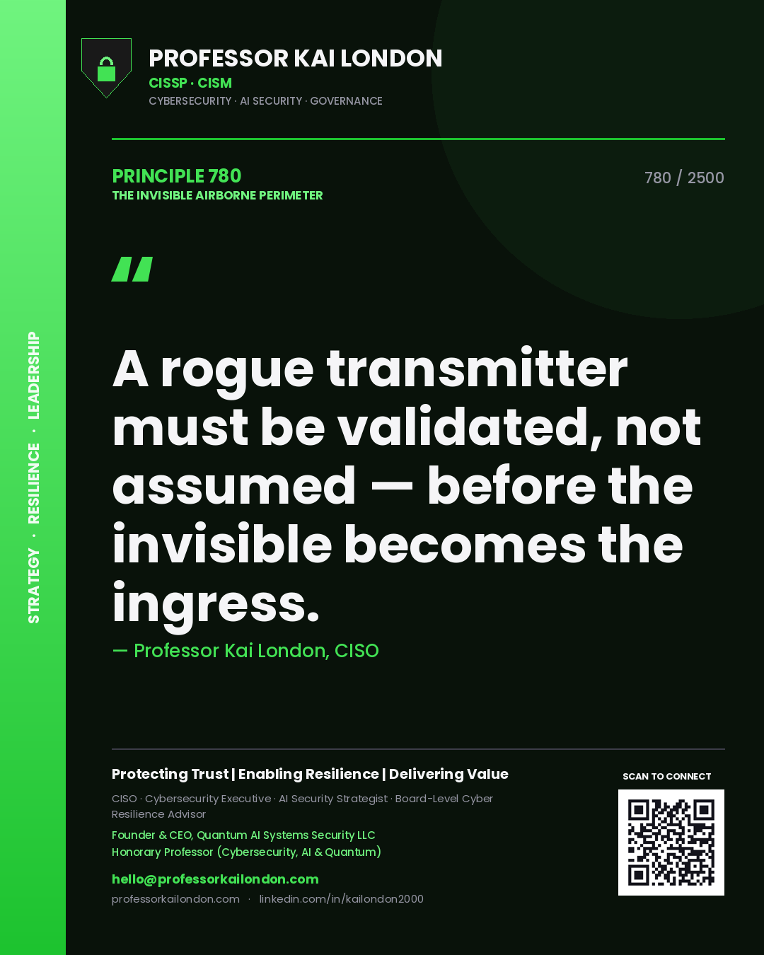 Quote card by Professor Kai London reading 'A rogue transmitter must be validated, not assumed — before the invisible becomes the ingress.'. From the book The Invisible Airborne Perimeter.