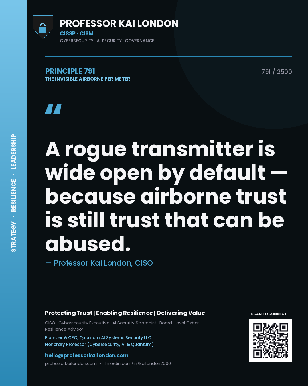 Professor Kai London principle 791: A rogue transmitter is wide open by default — because airborne trust is still trust that can be abused.