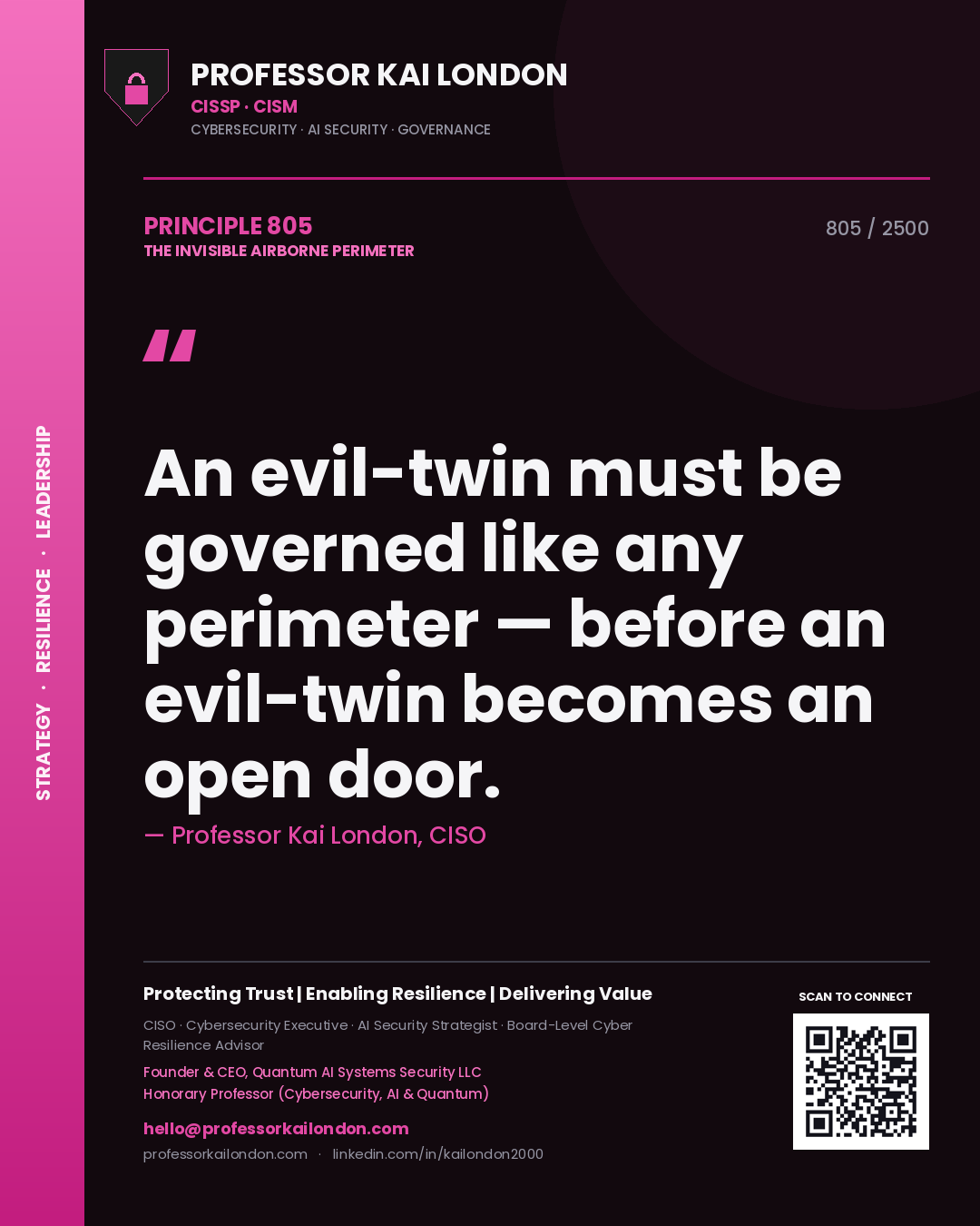 Quote card by Professor Kai London reading 'An evil-twin must be governed like any perimeter — before an evil-twin becomes an open door.'. From the book The Invisible Airborne Perimeter.
