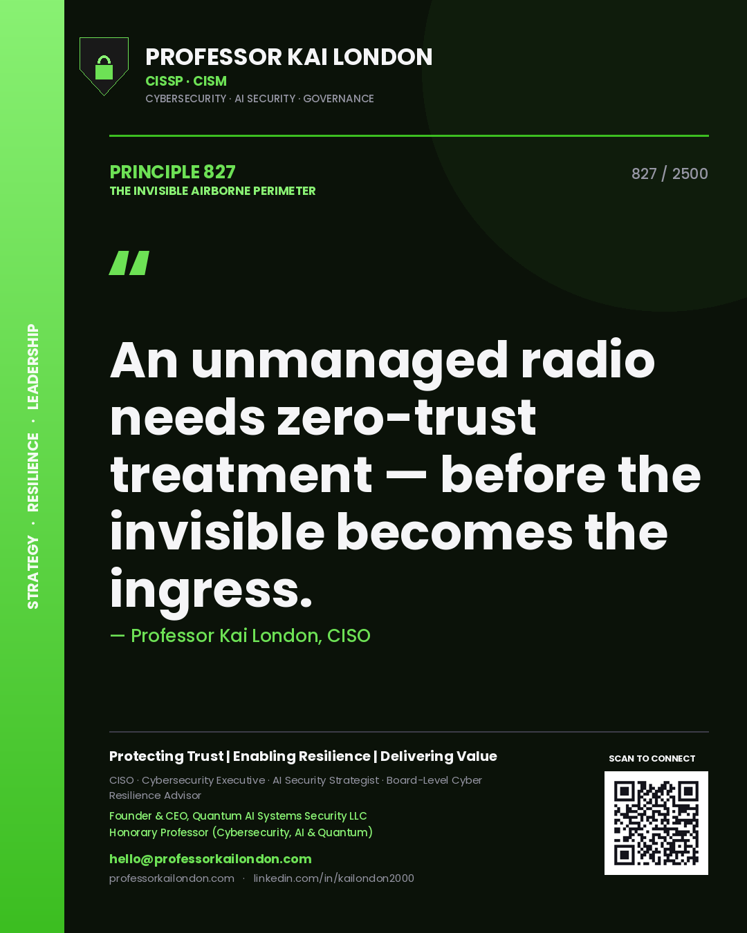 Quote card by Professor Kai London reading 'An unmanaged radio needs zero-trust treatment — before the invisible becomes the ingress.'. From the book The Invisible Airborne Perimeter.