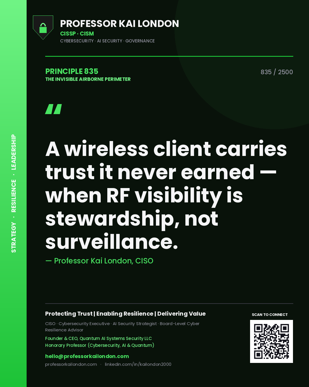Quote card by Professor Kai London reading 'A wireless client carries trust it never earned — when RF visibility is stewardship, not surveillance.'. From the book The Invisible Airborne Perimeter.