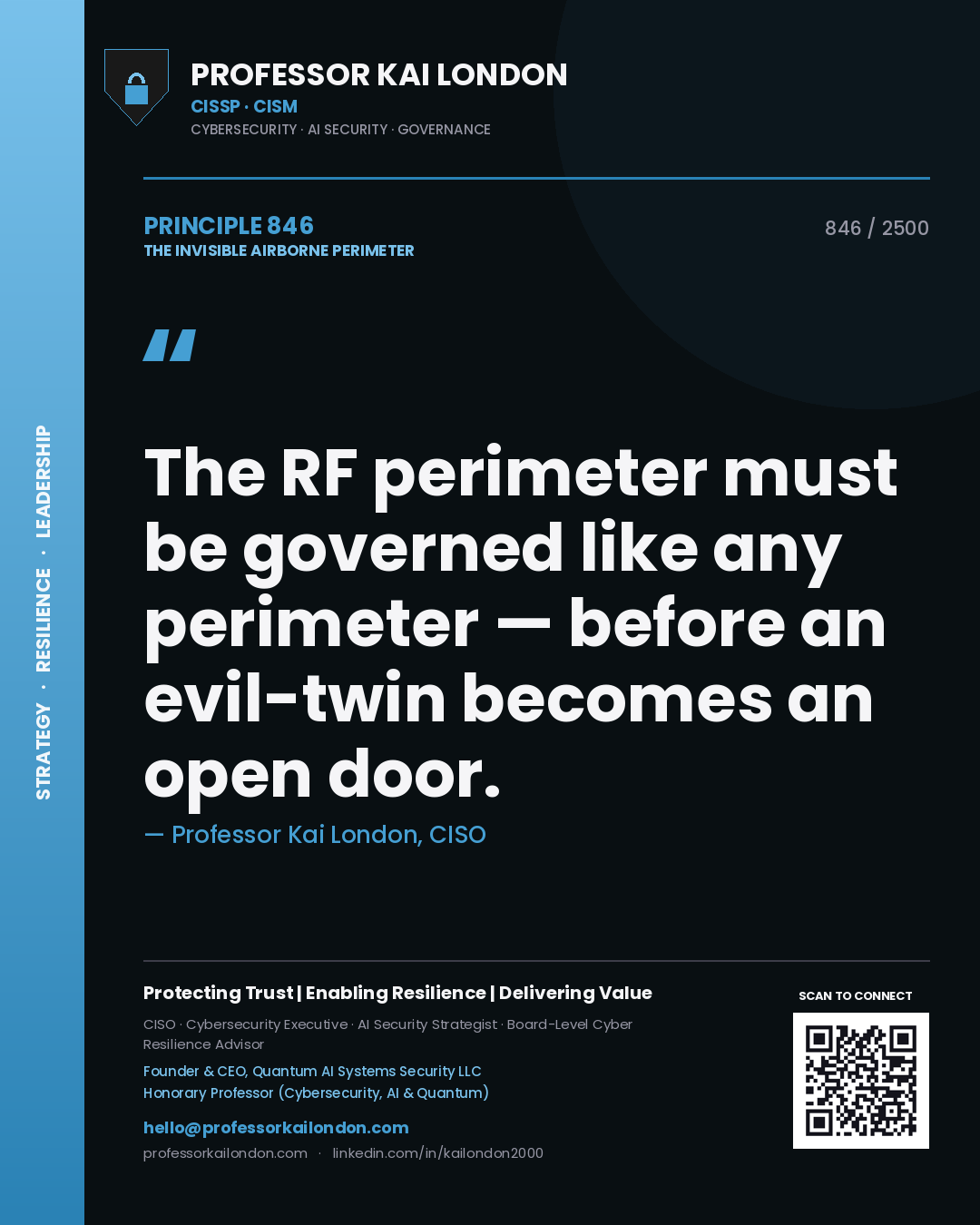Professor Kai London principle 846: The RF perimeter must be governed like any perimeter — before an evil-twin becomes an open door.