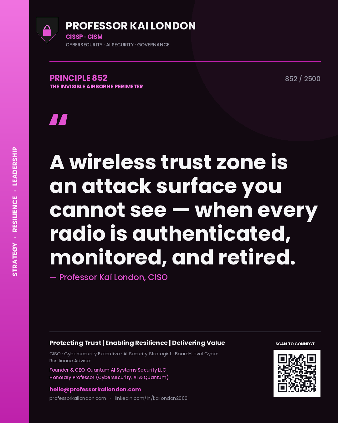 Professor Kai London principle 852: A wireless trust zone is an attack surface you cannot see — when every radio is authenticated, monitored, and retired.