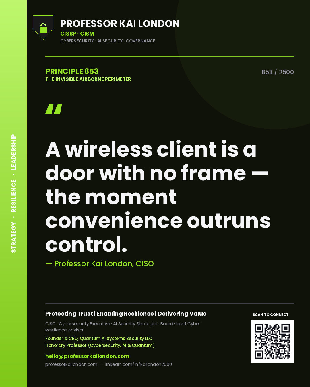 Professor Kai London principle 853: A wireless client is a door with no frame — the moment convenience outruns control.