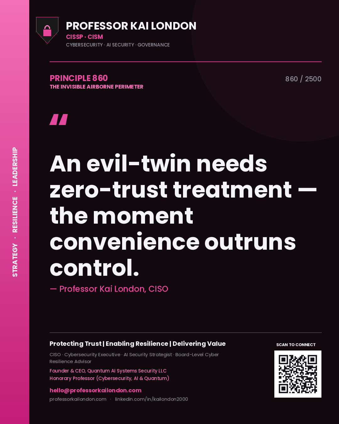 Quote card by Professor Kai London reading 'An evil-twin needs zero-trust treatment — the moment convenience outruns control.'. From the book The Invisible Airborne Perimeter.