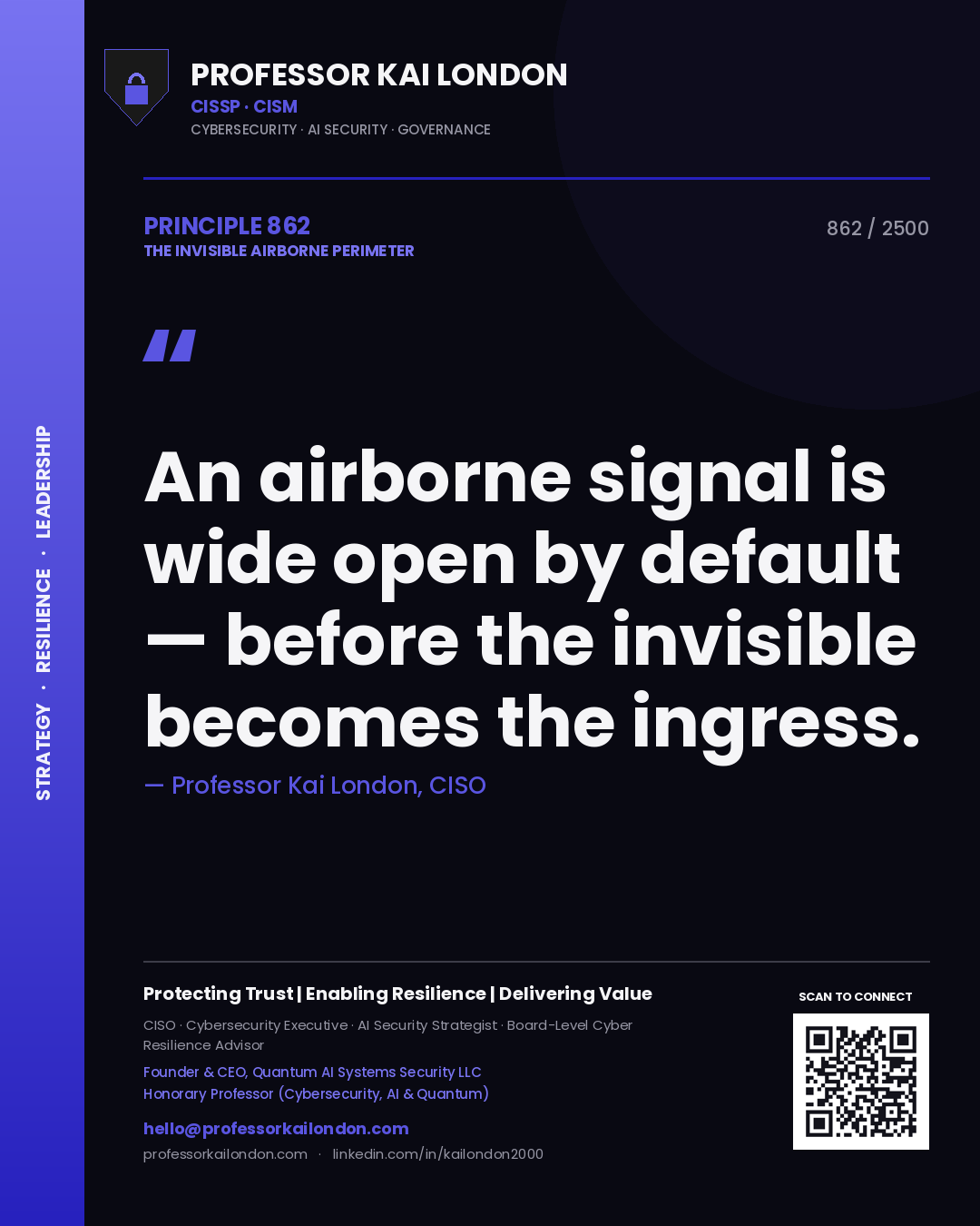 Quote card by Professor Kai London reading 'An airborne signal is wide open by default — before the invisible becomes the ingress.'. From the book The Invisible Airborne Perimeter.