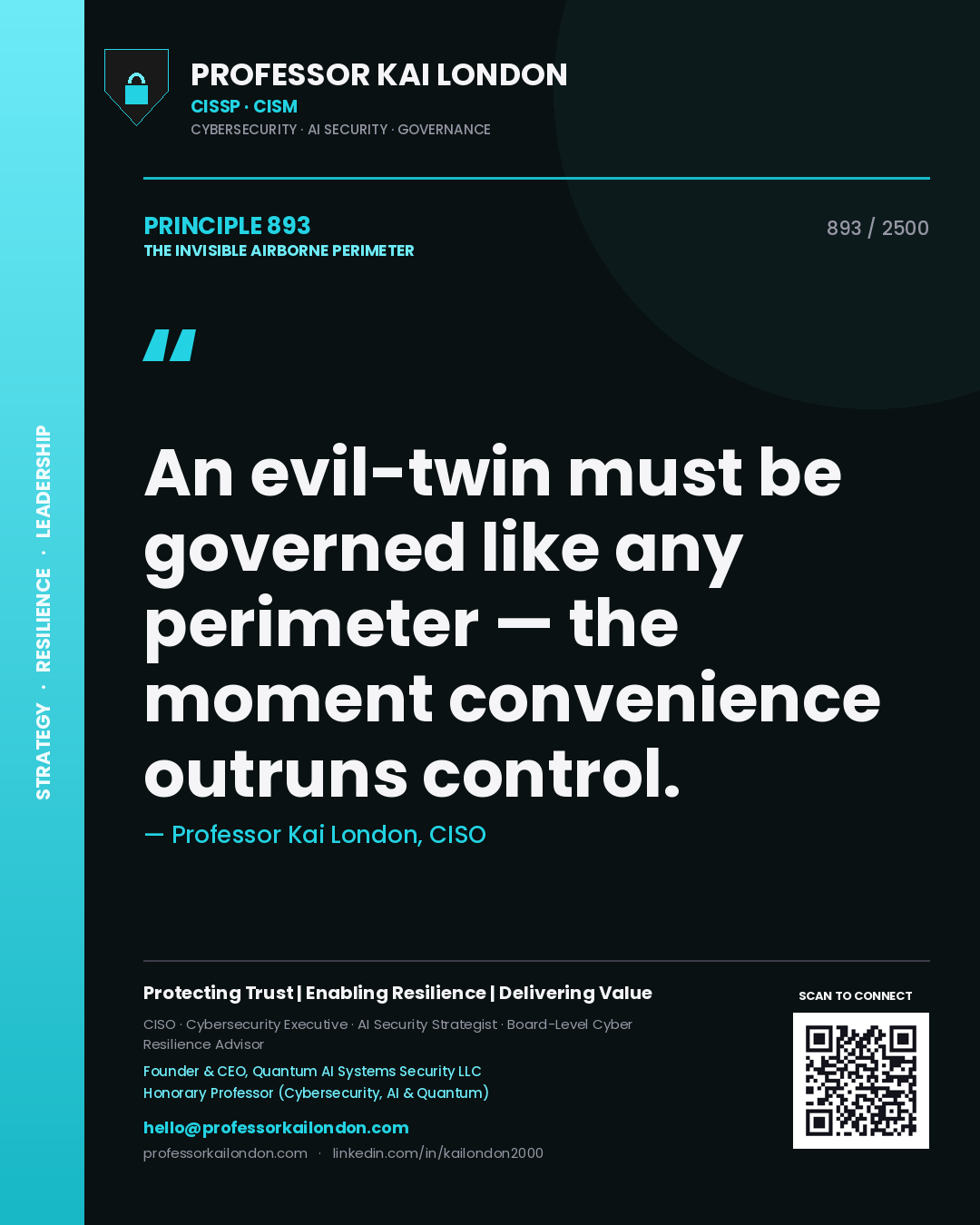 Quote card by Professor Kai London reading 'An evil-twin must be governed like any perimeter — the moment convenience outruns control.'. From the book The Invisible Airborne Perimeter.
