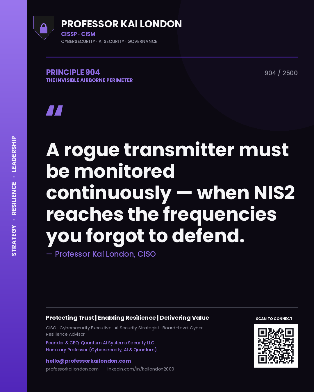 Quote card by Professor Kai London reading 'A rogue transmitter must be monitored continuously — when NIS2 reaches the frequencies you forgot to defend.'. From the book The Invisible Airborne Perimeter.