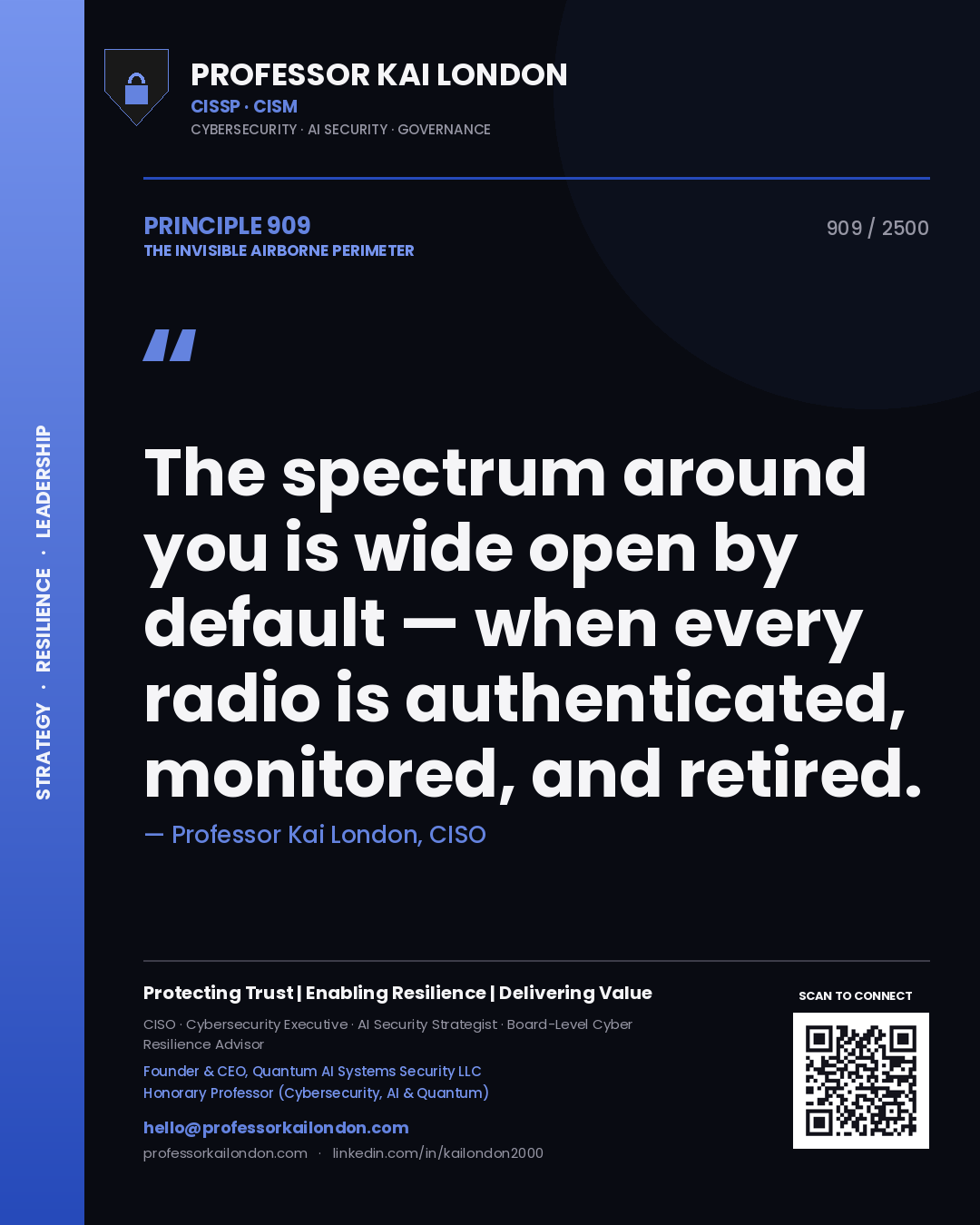 Professor Kai London principle 909: The spectrum around you is wide open by default — when every radio is authenticated, monitored, and retired.