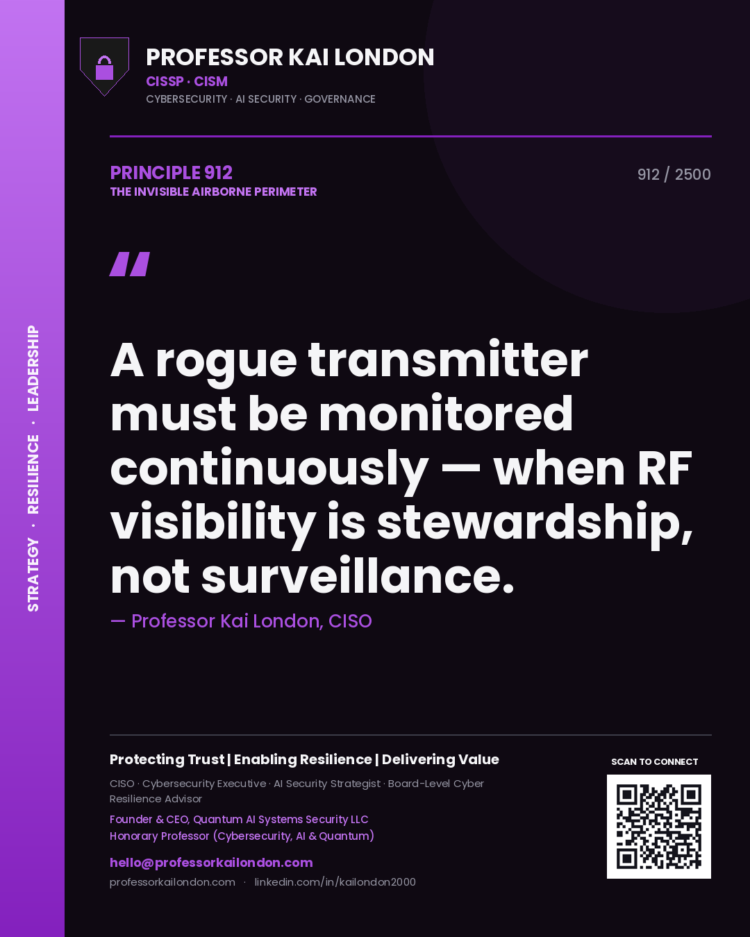 Quote card by Professor Kai London reading 'A rogue transmitter must be monitored continuously — when RF visibility is stewardship, not surveillance.'. From the book The Invisible Airborne Perimeter.