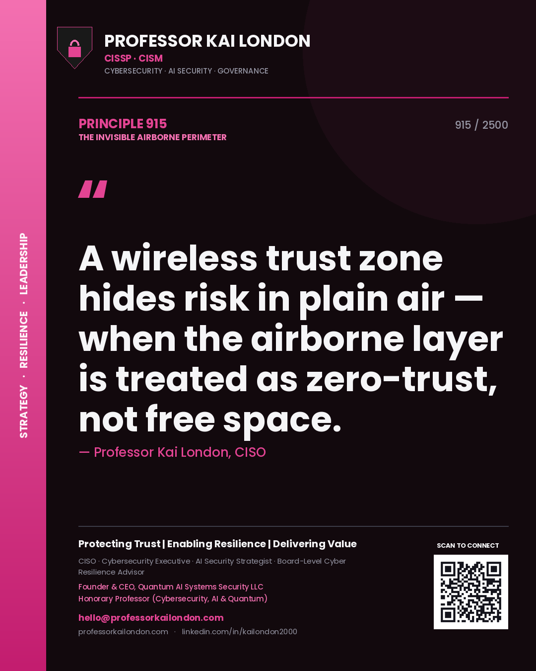 Professor Kai London principle 915: A wireless trust zone hides risk in plain air — when the airborne layer is treated as zero-trust, not free space.