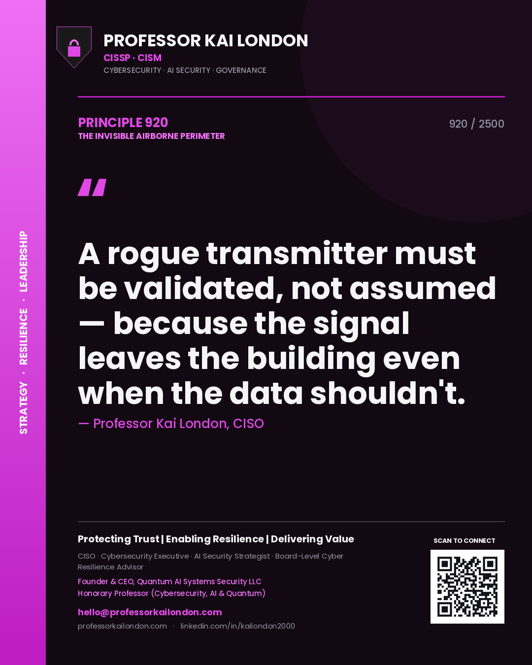 Quote card by Professor Kai London reading 'A rogue transmitter must be validated, not assumed — because the signal leaves the building even when the data shouldn't.'. From the book The Invisible Airborne Perimeter.
