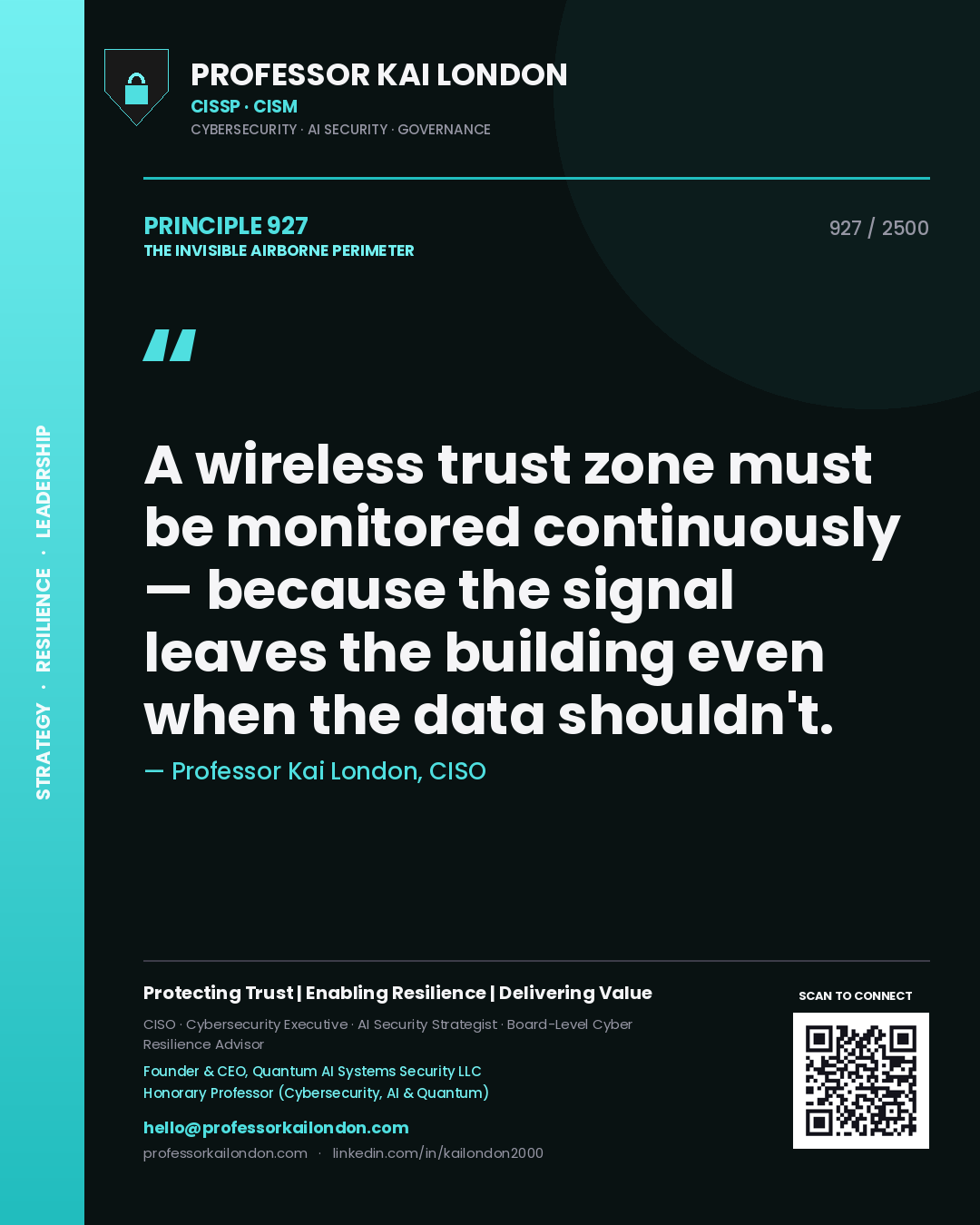 Quote card by Professor Kai London reading 'A wireless trust zone must be monitored continuously — because the signal leaves the building even when the data shouldn't.'. From the book The Invisible Airborne Perimeter.