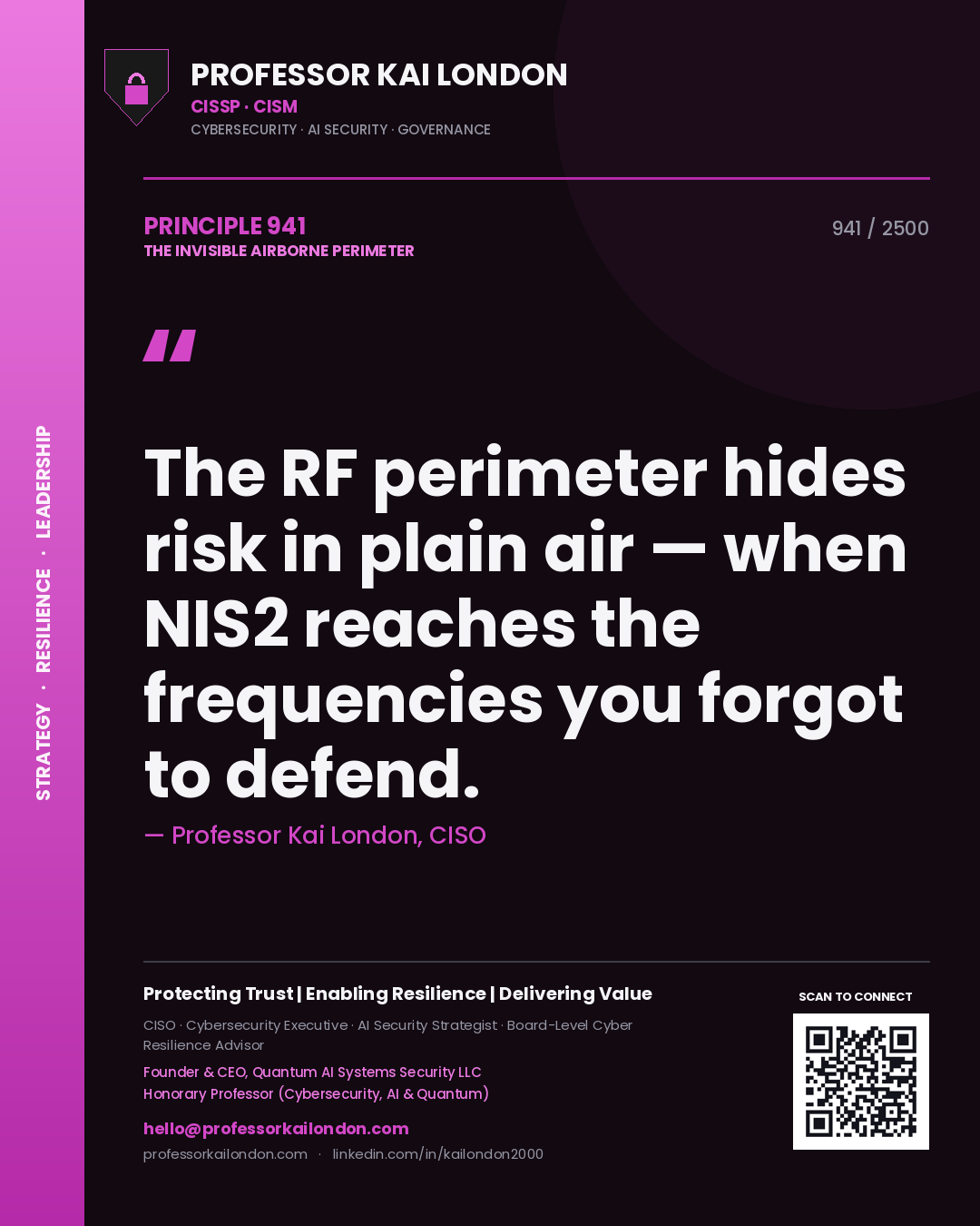 Quote card by Professor Kai London reading 'The RF perimeter hides risk in plain air — when NIS2 reaches the frequencies you forgot to defend.'. From the book The Invisible Airborne Perimeter.