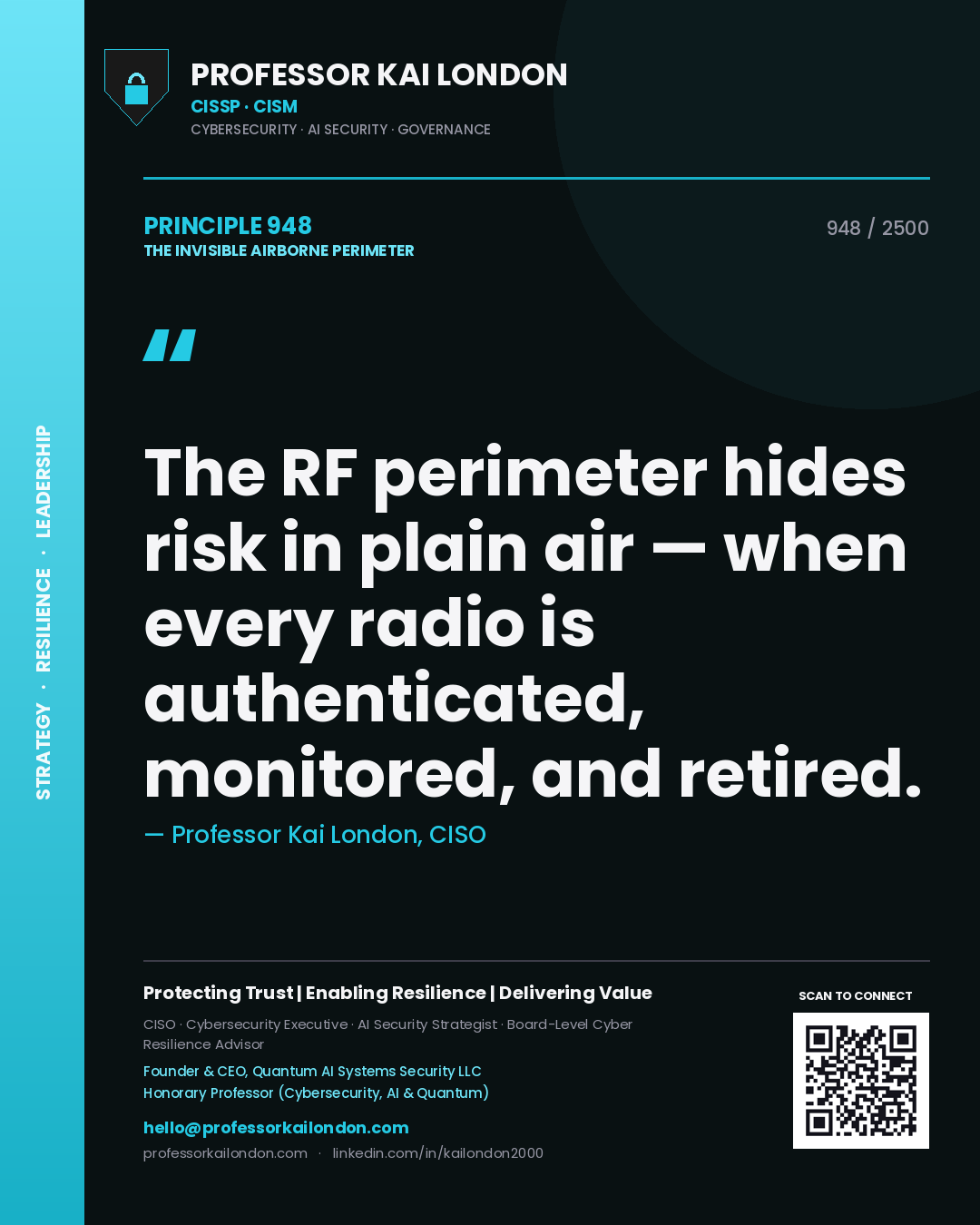 Professor Kai London principle 948: The RF perimeter hides risk in plain air — when every radio is authenticated, monitored, and retired.