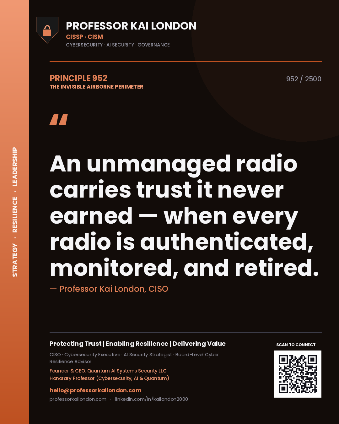 Quote card by Professor Kai London reading 'An unmanaged radio carries trust it never earned — when every radio is authenticated, monitored, and retired.'. From the book The Invisible Airborne Perimeter.