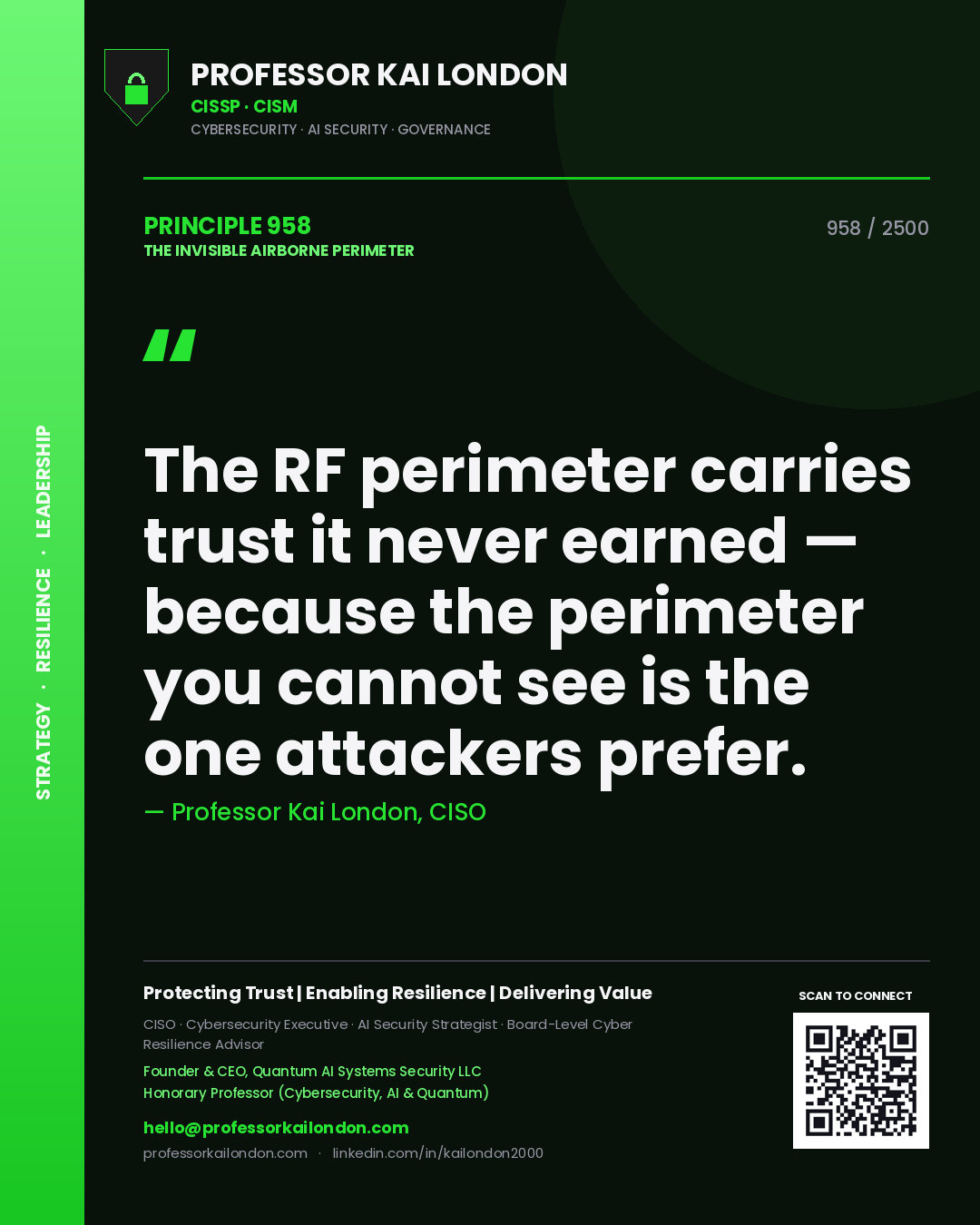 Quote card by Professor Kai London reading 'The RF perimeter carries trust it never earned — because the perimeter you cannot see is the one attackers prefer.'. From the book The Invisible Airborne Perimeter.