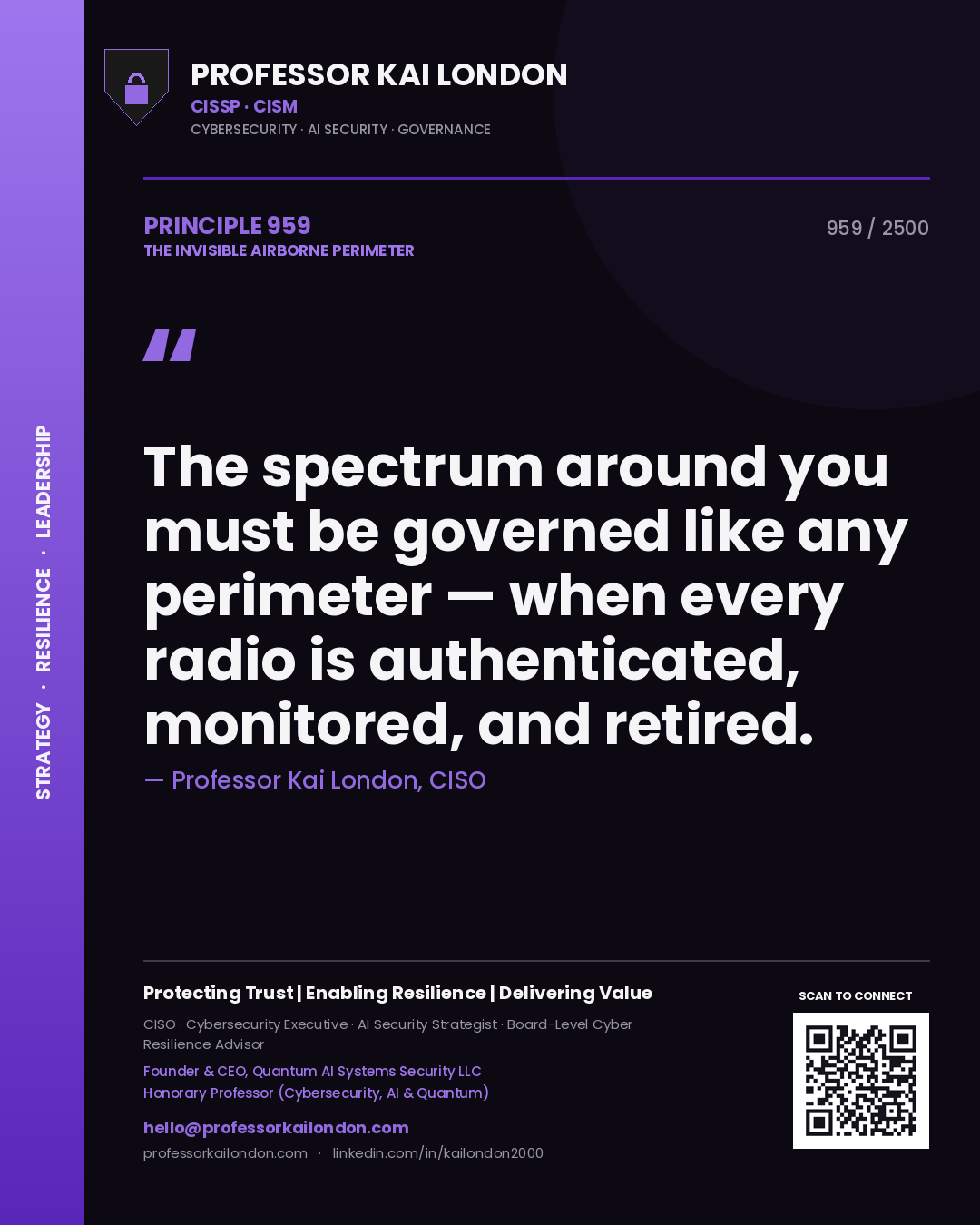 Professor Kai London principle 959: The spectrum around you must be governed like any perimeter — when every radio is authenticated, monitored, and retired.