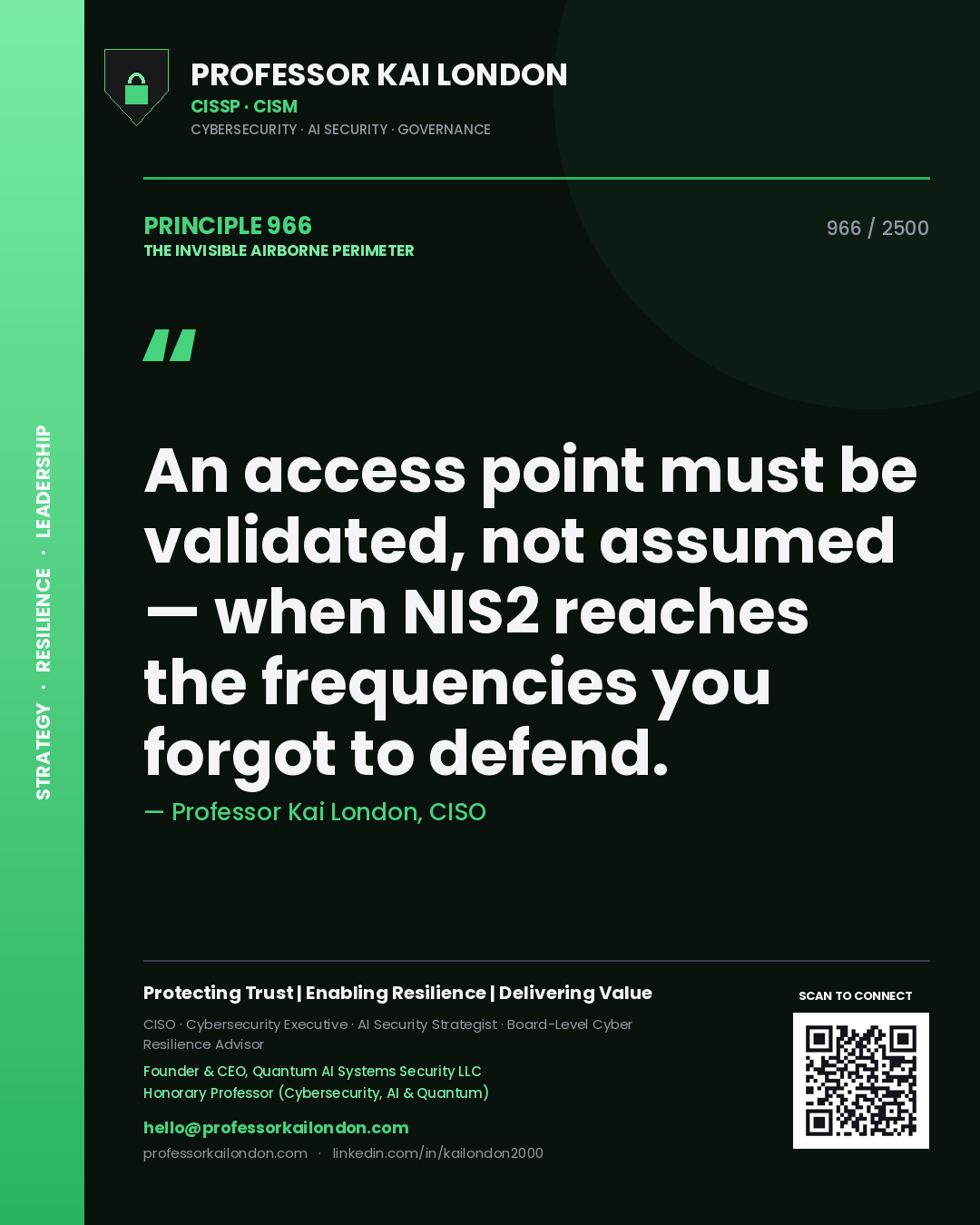 Quote card by Professor Kai London reading 'An access point must be validated, not assumed — when NIS2 reaches the frequencies you forgot to defend.'. From the book The Invisible Airborne Perimeter.