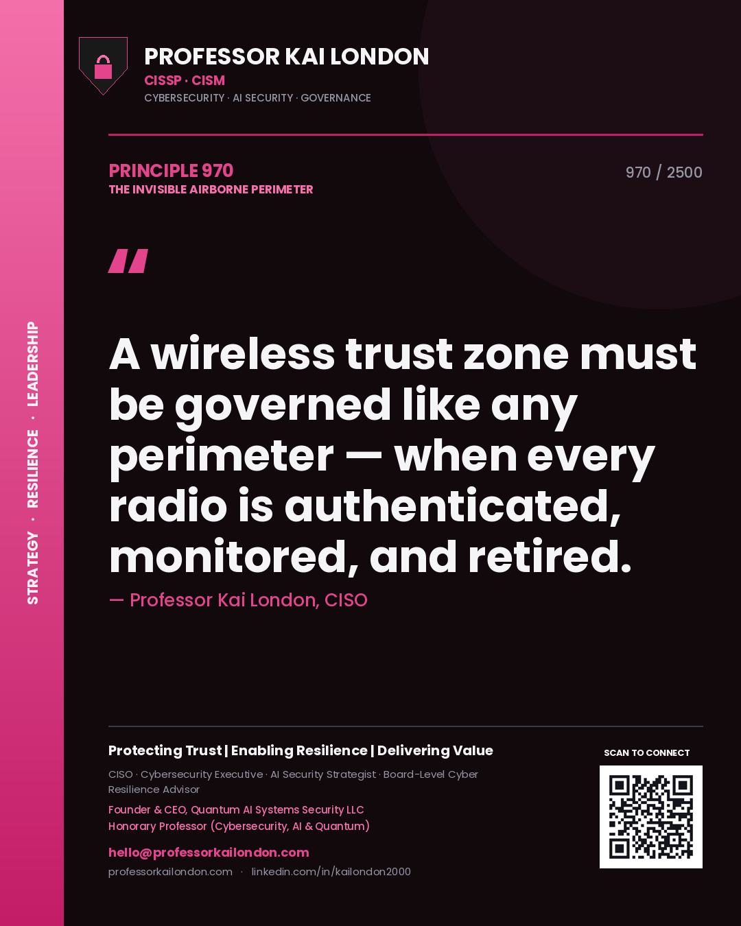 Professor Kai London principle 970: A wireless trust zone must be governed like any perimeter — when every radio is authenticated, monitored, and retired.
