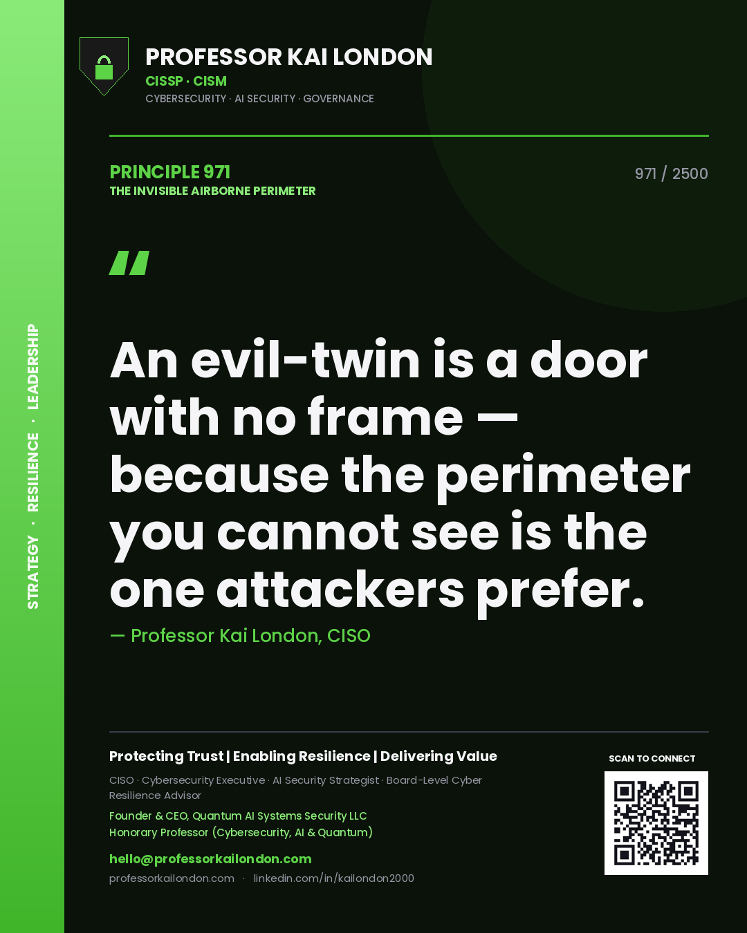Professor Kai London principle 971: An evil-twin is a door with no frame — because the perimeter you cannot see is the one attackers prefer.