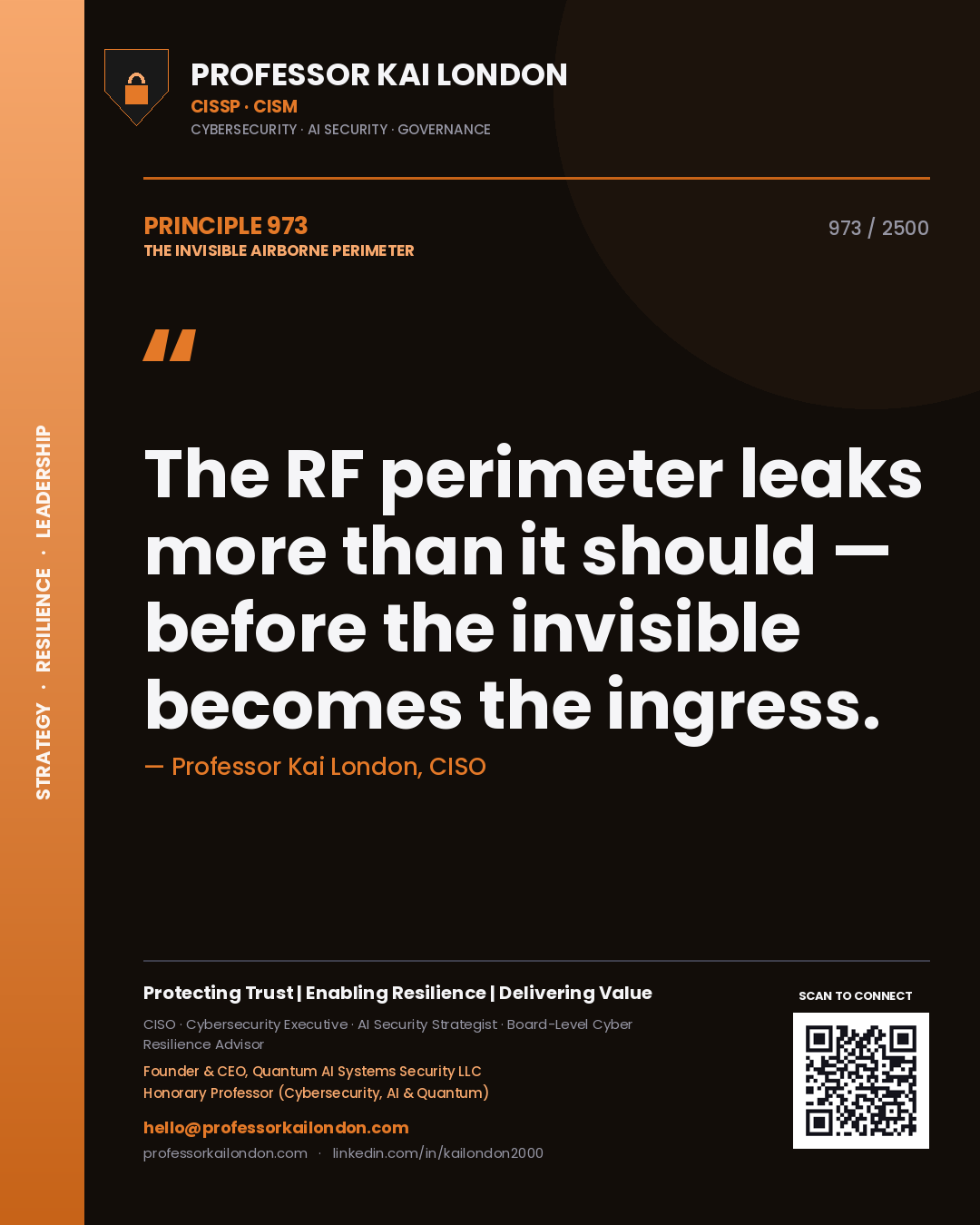Quote card by Professor Kai London reading 'The RF perimeter leaks more than it should — before the invisible becomes the ingress.'. From the book The Invisible Airborne Perimeter.