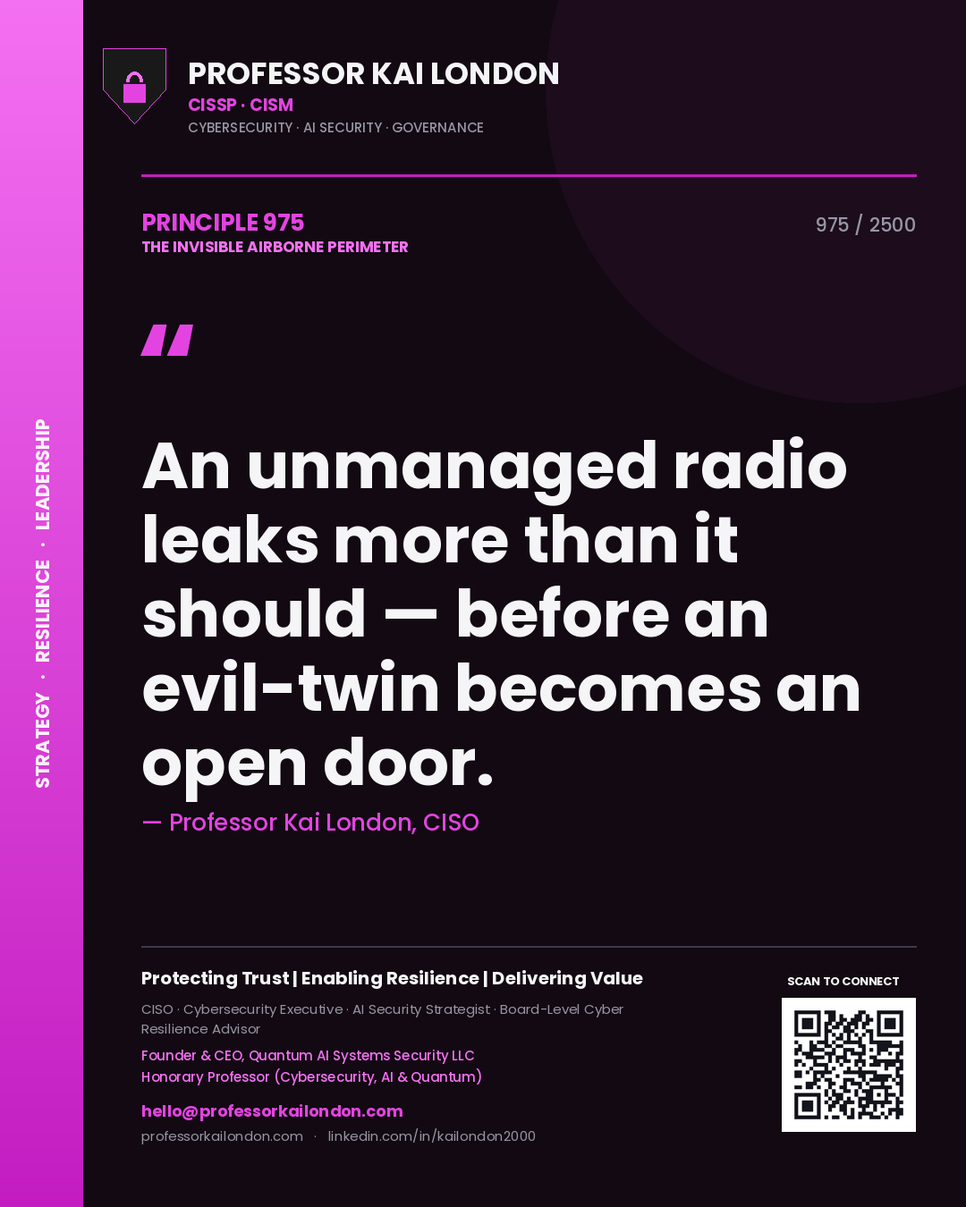 Quote card by Professor Kai London reading 'An unmanaged radio leaks more than it should — before an evil-twin becomes an open door.'. From the book The Invisible Airborne Perimeter.