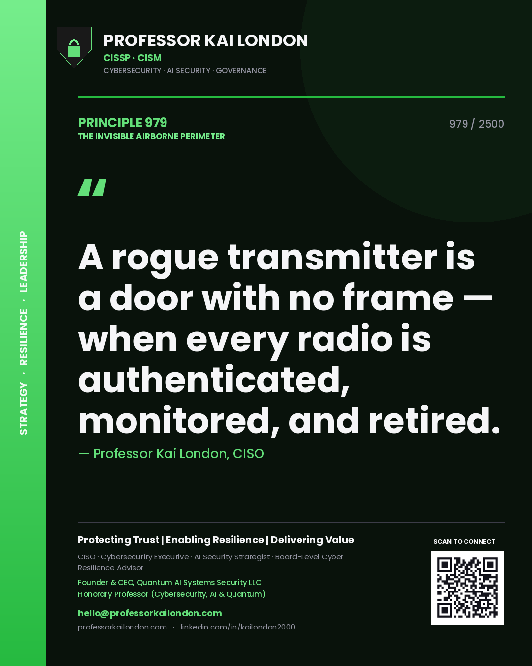 Quote card by Professor Kai London reading 'A rogue transmitter is a door with no frame — when every radio is authenticated, monitored, and retired.'. From the book The Invisible Airborne Perimeter.