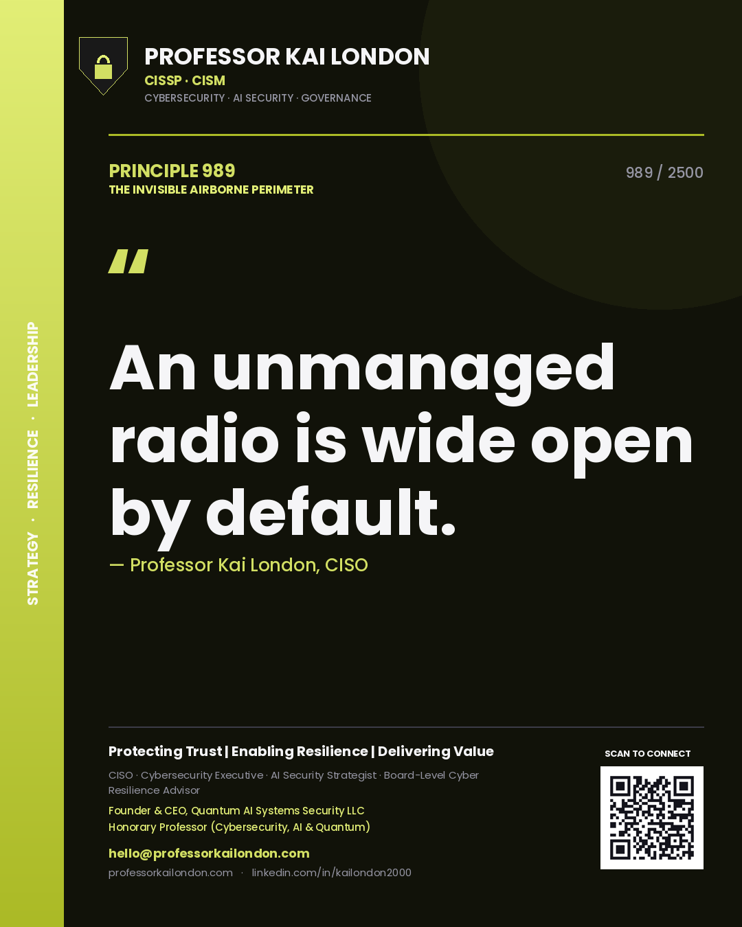 Quote card by Professor Kai London reading 'An unmanaged radio is wide open by default.'. From the book The Invisible Airborne Perimeter.
