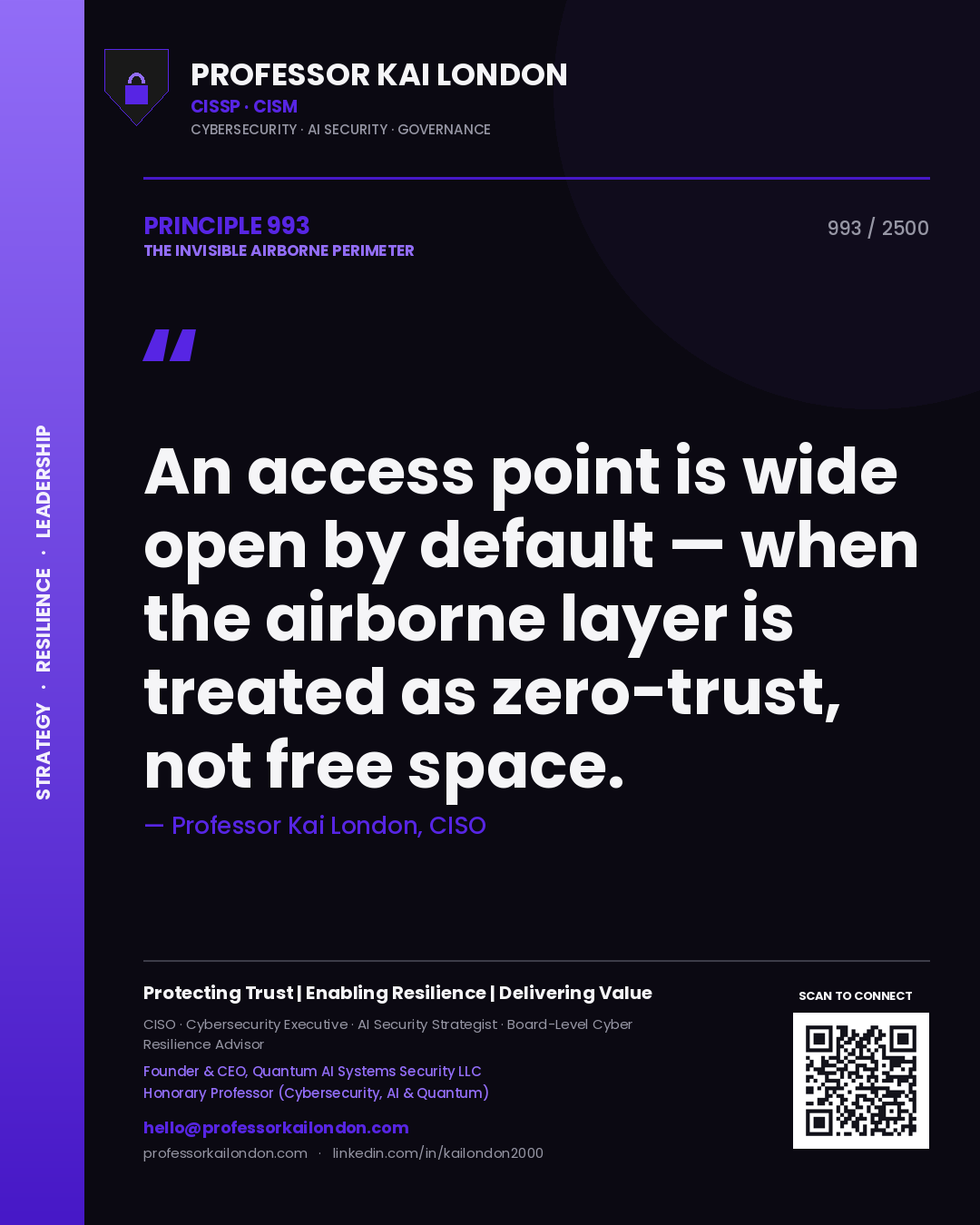 Professor Kai London principle 993: An access point is wide open by default — when the airborne layer is treated as zero-trust, not free space.