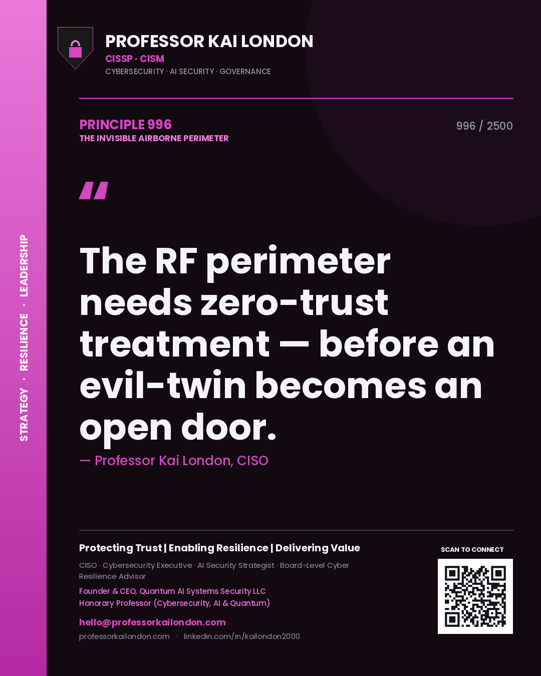 Professor Kai London principle 996: The RF perimeter needs zero-trust treatment — before an evil-twin becomes an open door.